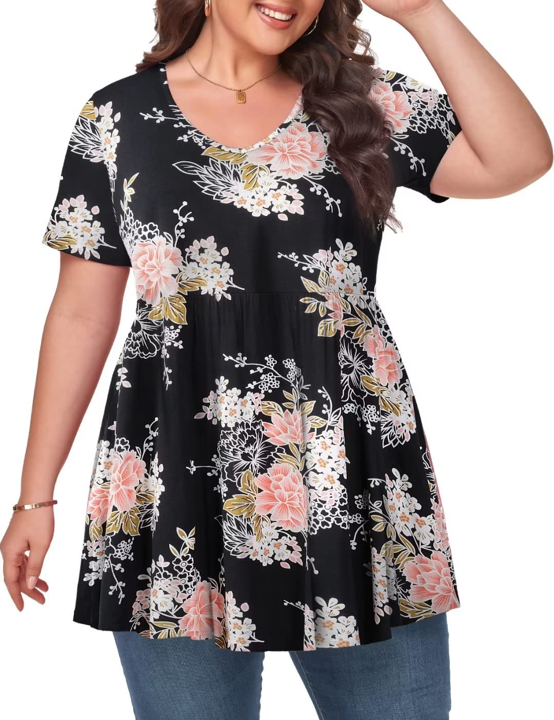 MONNURO Womens Plus Size Tops Cute Babydoll T Shirts Peplum Tunic Tops Loose Fit V-Neck Short Sleeve Blouse