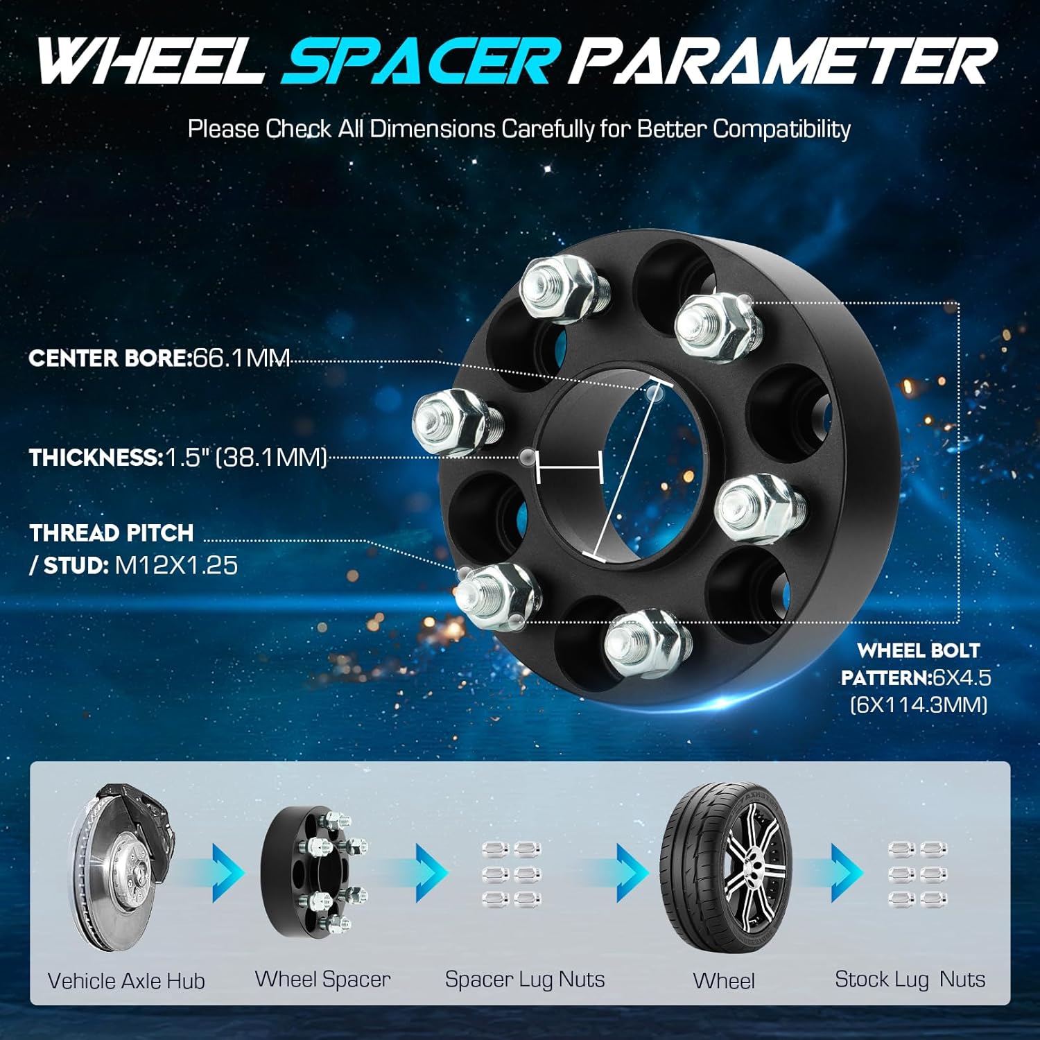 6x4.5 M12x1.25 Studs 6 Lugs Wheel Spacers 66.1mm Bore with Hubcentric Replacement for Nissan 2005-2023 Frontier, 2005-2014 Pathfinder, 2005-2015 Xterra, 1.5" 6x114.3mm Wheel Adapter 4pcs