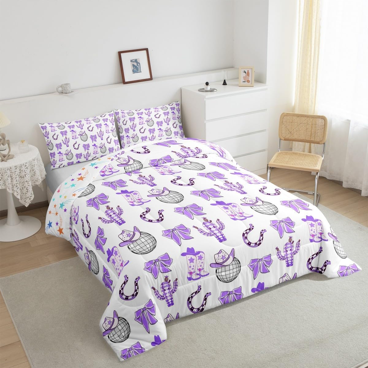 Feelyou Purple Western Comforter Set Toddler Size Wild West Cowboy Bedding Set for Boys Girls Children Rodeo Cowboy Style Duvet Quilt Room Decor Breathable Soft Microfiber All Season 2Pcs