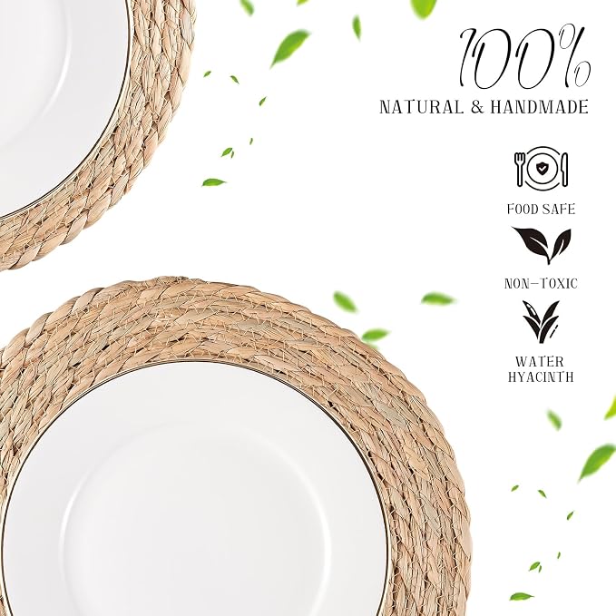 Round Woven Placemats Set of 8, Natural Water Hyacinth Place mats, Rattan Placemats Wicker Placemats Farmhouse Boho Braided Heat Resistant Outdoor Placemat Patio Table Place Mats (13 inch Set of 8)
