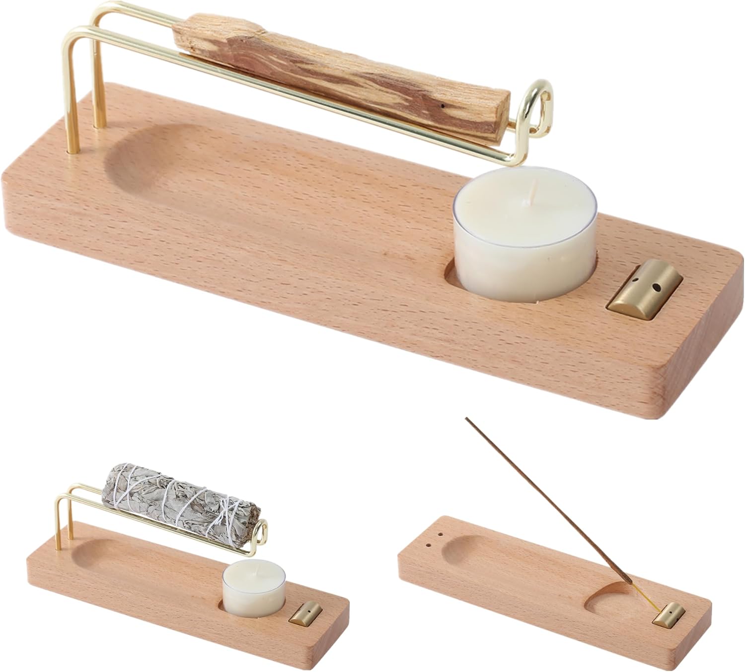 4 in 1 Incense Holder for Burning Palo Santo & Sage Sticks & Insence-Stick and Candle, Lasting Burning Wooden Palo Santo and Sage Burner Smudge Bowl for Yoga Meditation Spiritual Altar