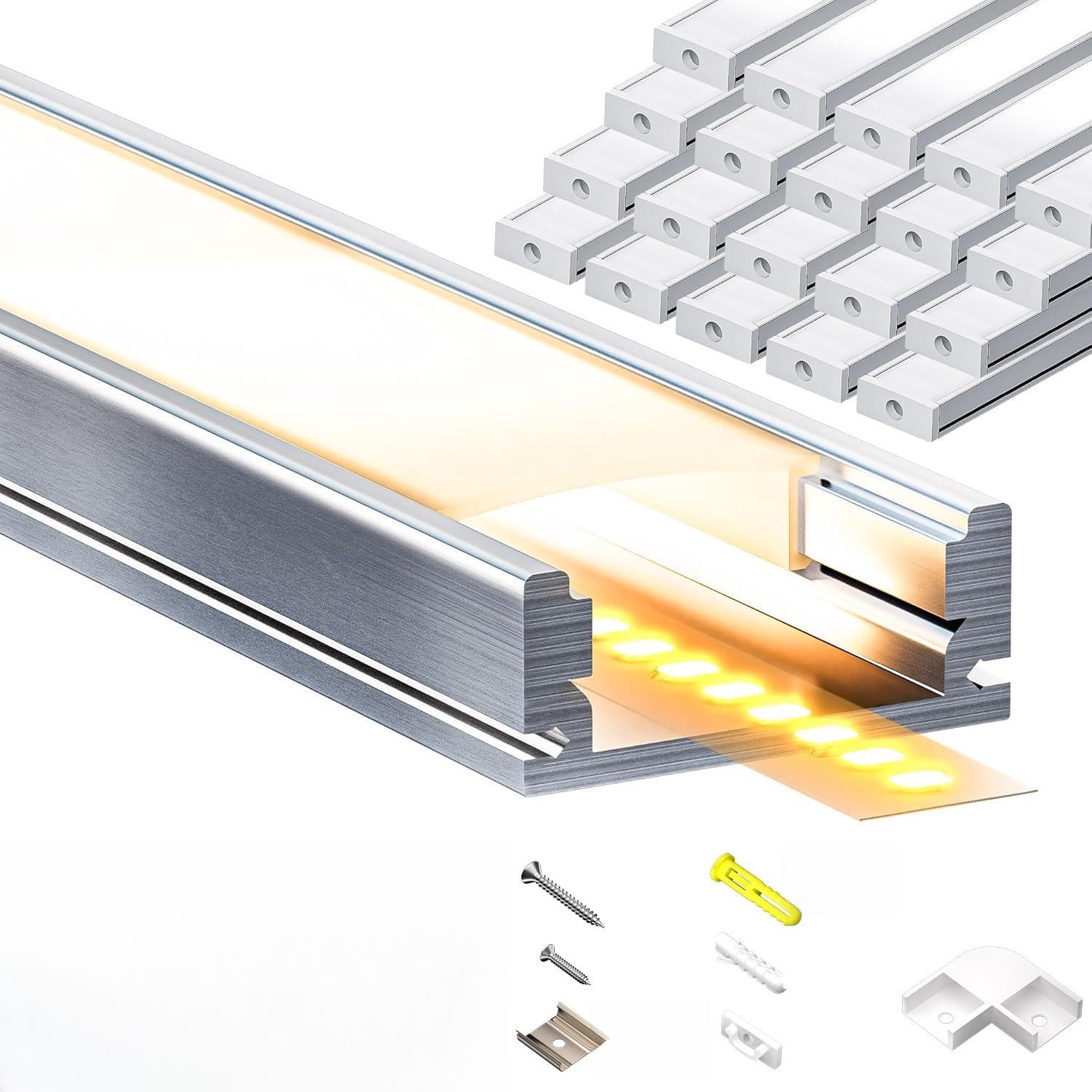Profil LED, szeroki, aluminiowy kanał 20 x 2 m, 40 m, aluminiowy profesjonalny pasek do taśm LED, taśma LED z mleczną bielą, materiał montażowy do taśm LED, dł. 2000 x 17,4 x 7 mm