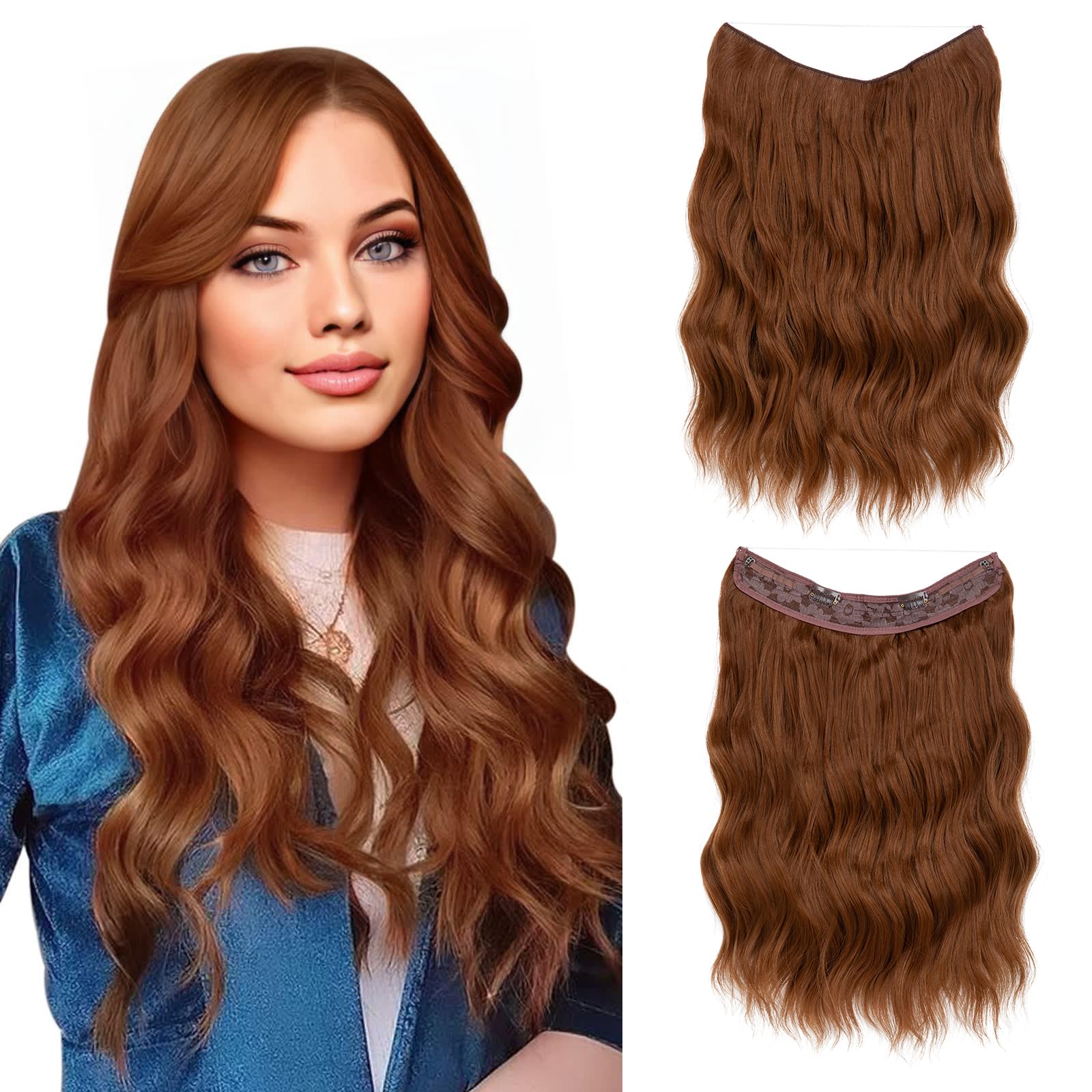 SARLA Invisible Wire Hair Extension with 3 Clips Synthetic Short Beach Wave Hairpiece Transparent Adjustable Headband for Women 16 Inch Light Auburn