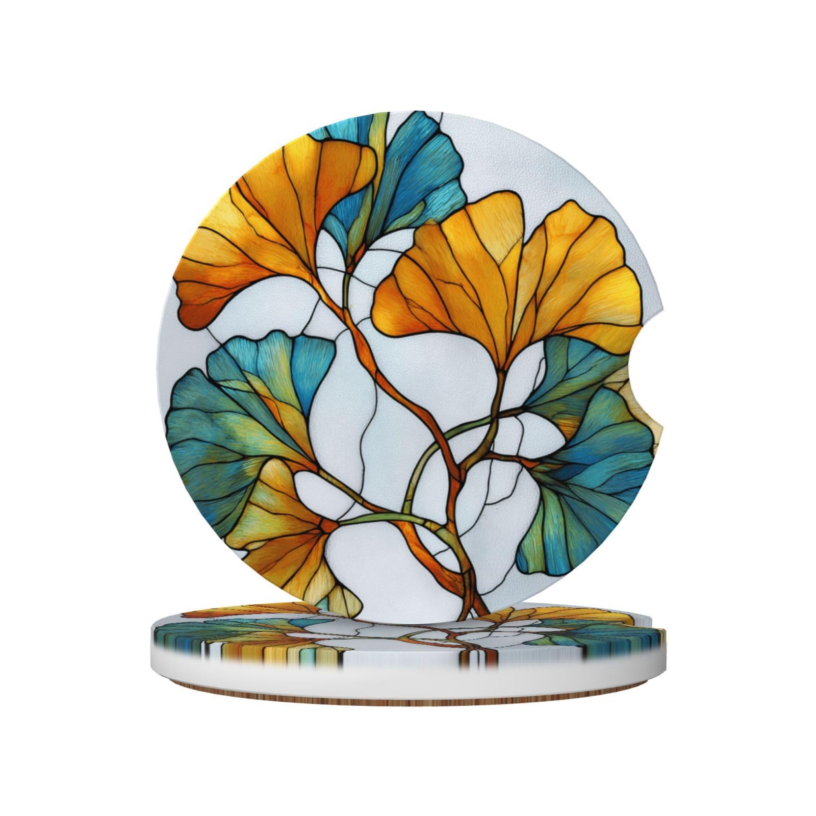 Stained Glass Ginkgo Leaf Ceramic Coasters,2pcs