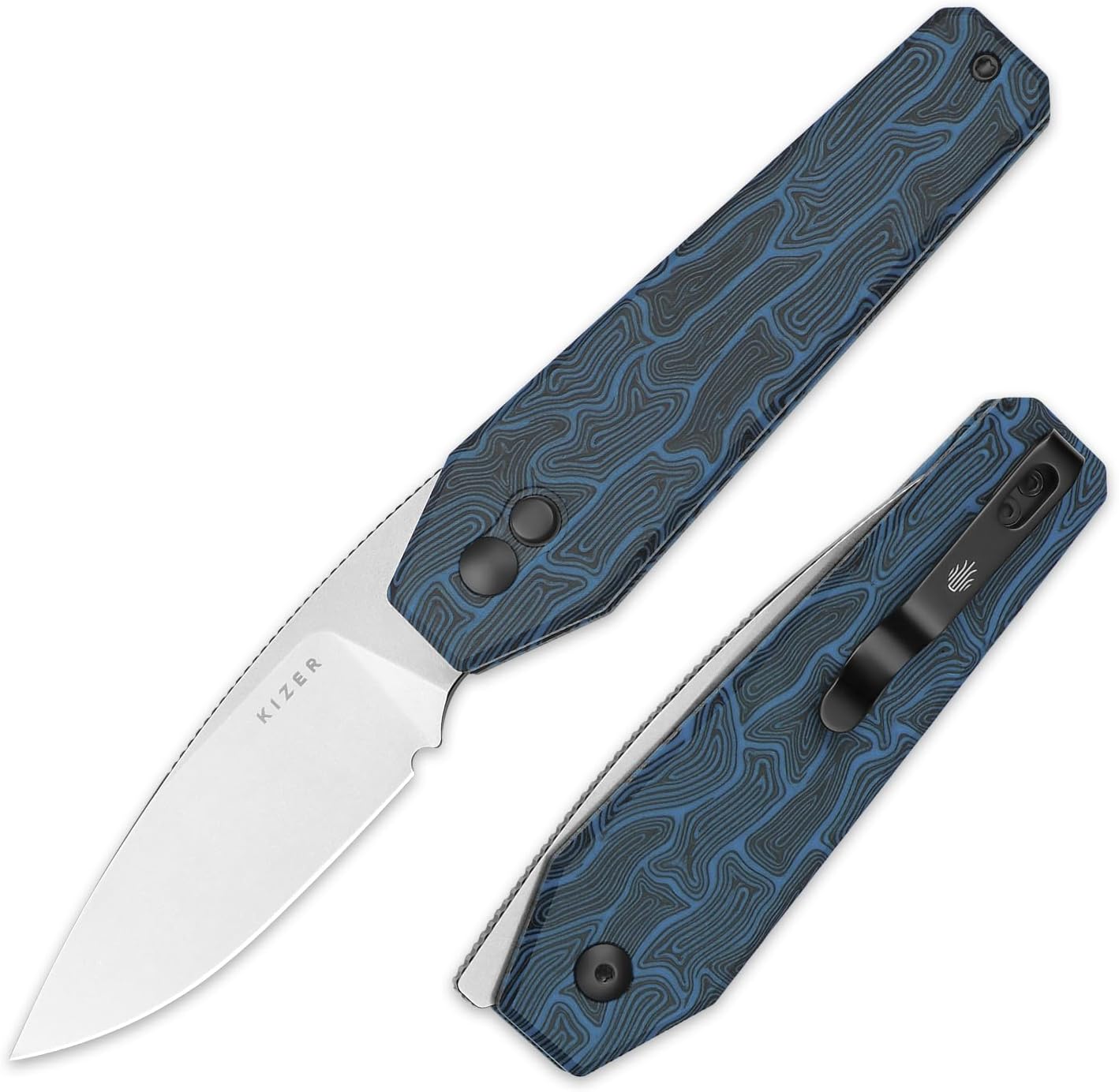 Kizer Tomb Pocket Knife, 3.21" Nitro-V Blade EDC Knife with Coffin Shape Blue+Black Damascus G10 Handle, Front Flipper Hunting Knives for Men Women, Camping Folding Knives with Button Lock, V3692A3