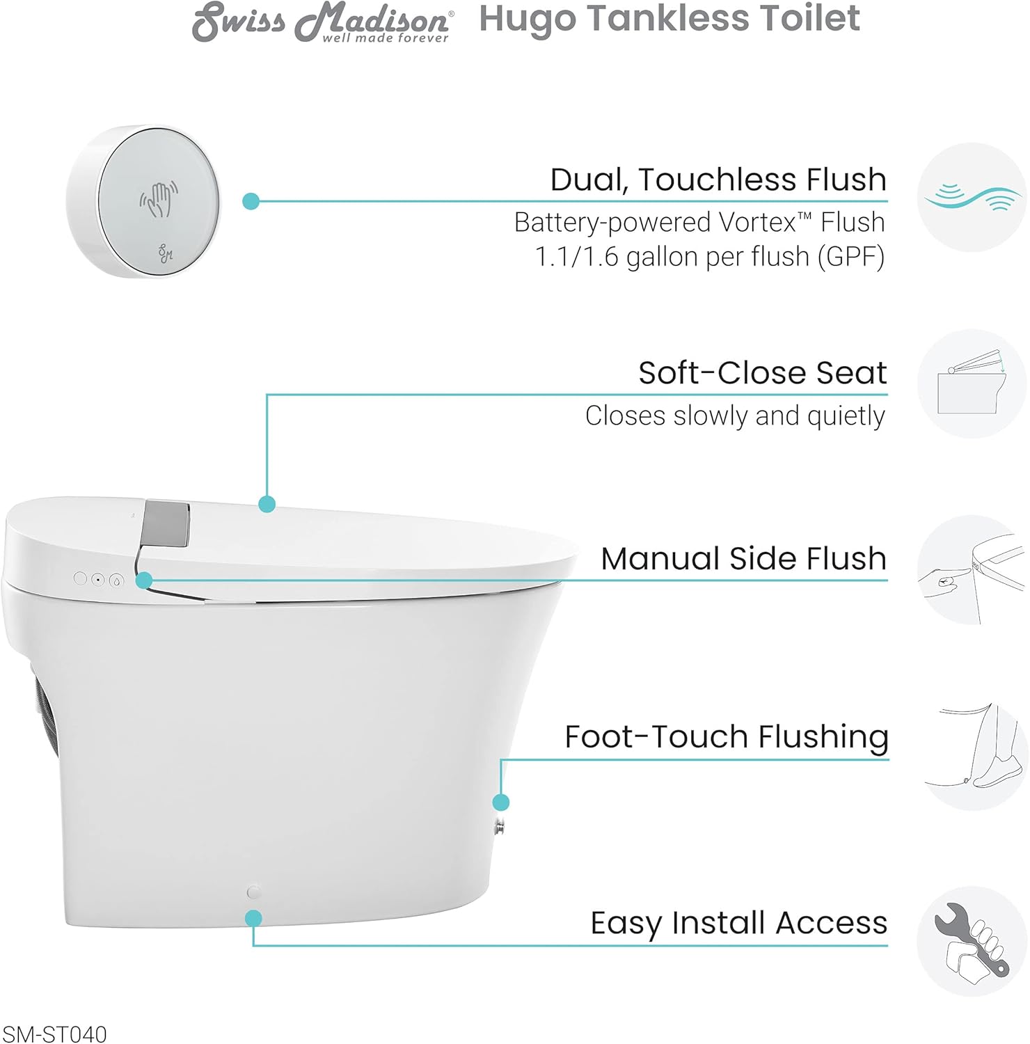 Hugo Intelligent Tankless Elongated Toilet, Touchless Vortex™ Dual-Flush 1.1/1.6 gpf - - 