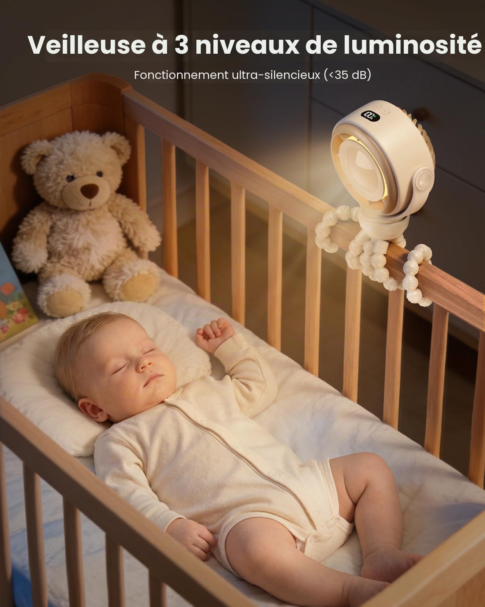 SWEETFULL Ventilateur Poussette Bébé Silencieux - 4000mAh Rechargeable avec Clip, Rotatif à 360° Mini Ventilateur Portable avec Écran LED & Veilleuse pour Poussette, Siège Auto et Voyage