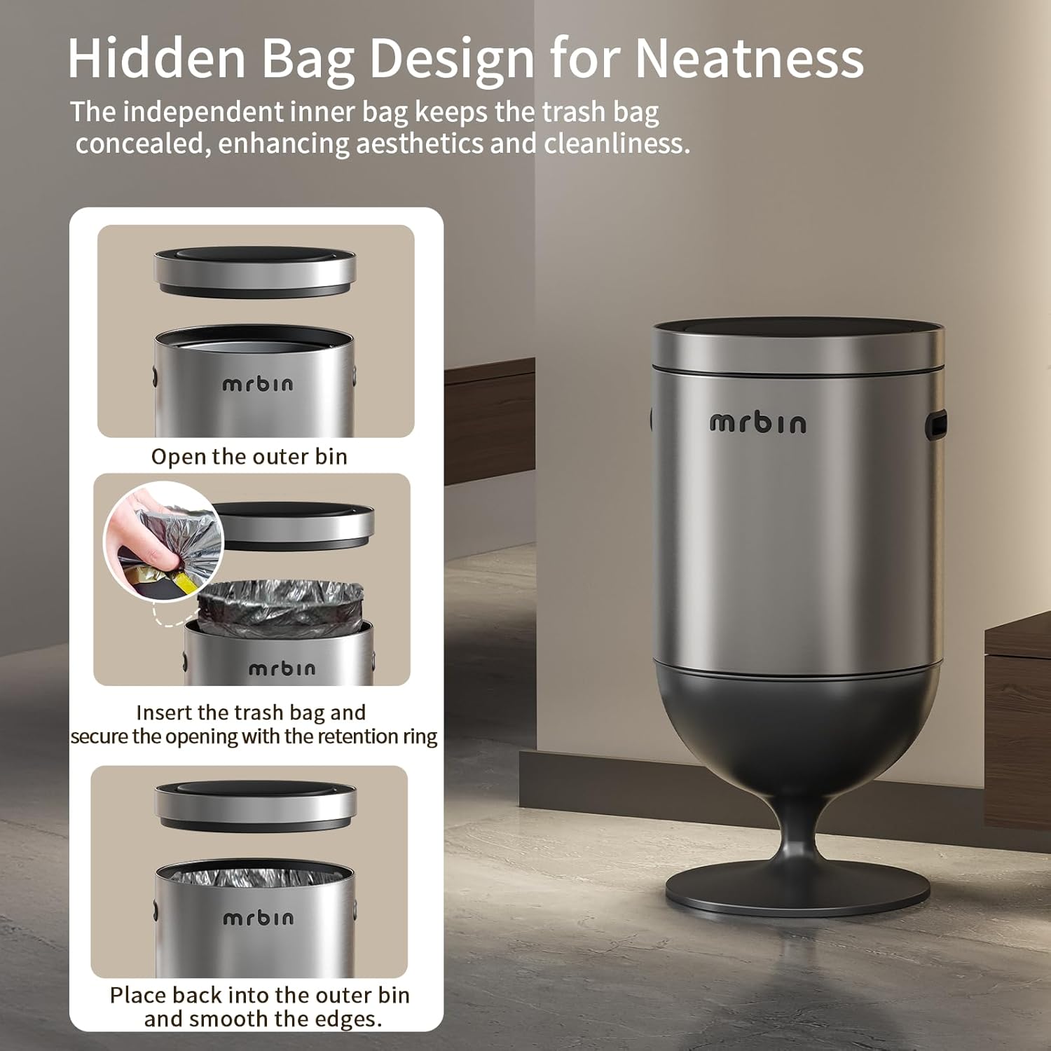 Mrbin Stainless Steel Motion Sensor Trash Can with Lid, 5.3 Gallon Wine Glass Shaped Automatic Waste Basket Touchless, Smart Round Tall Garbage with High Leg for Office, Bedroom, Kitchen, Eclipse Grey