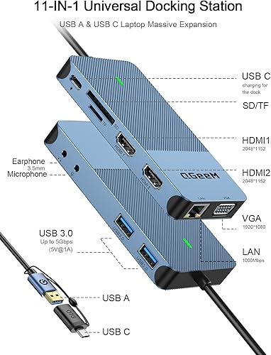 Miniatura 2 de QGeeM Estación de acoplamiento USB 3.0, concentrador USB de triple pantalla, monitor doble, estación de acoplamiento USB C para laptop compatible