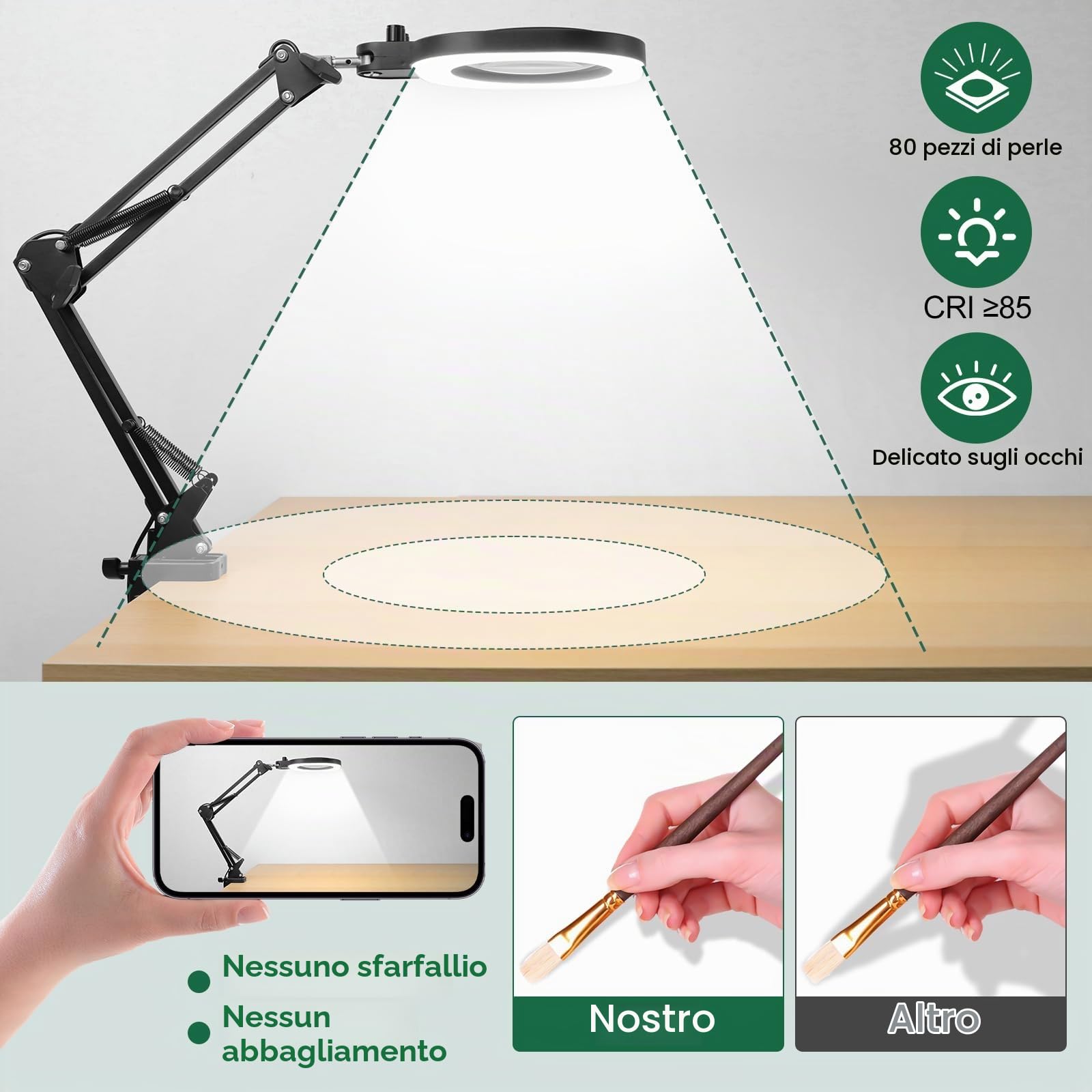 CGBE 10X Lampada Ingrandimento con Luce per Lavori di Precisione | 2 in 1 Base e Morsetto, Lente di Ingrandimento con Luce con Braccio Orientabile, Luminosità e Altezza Regolabili