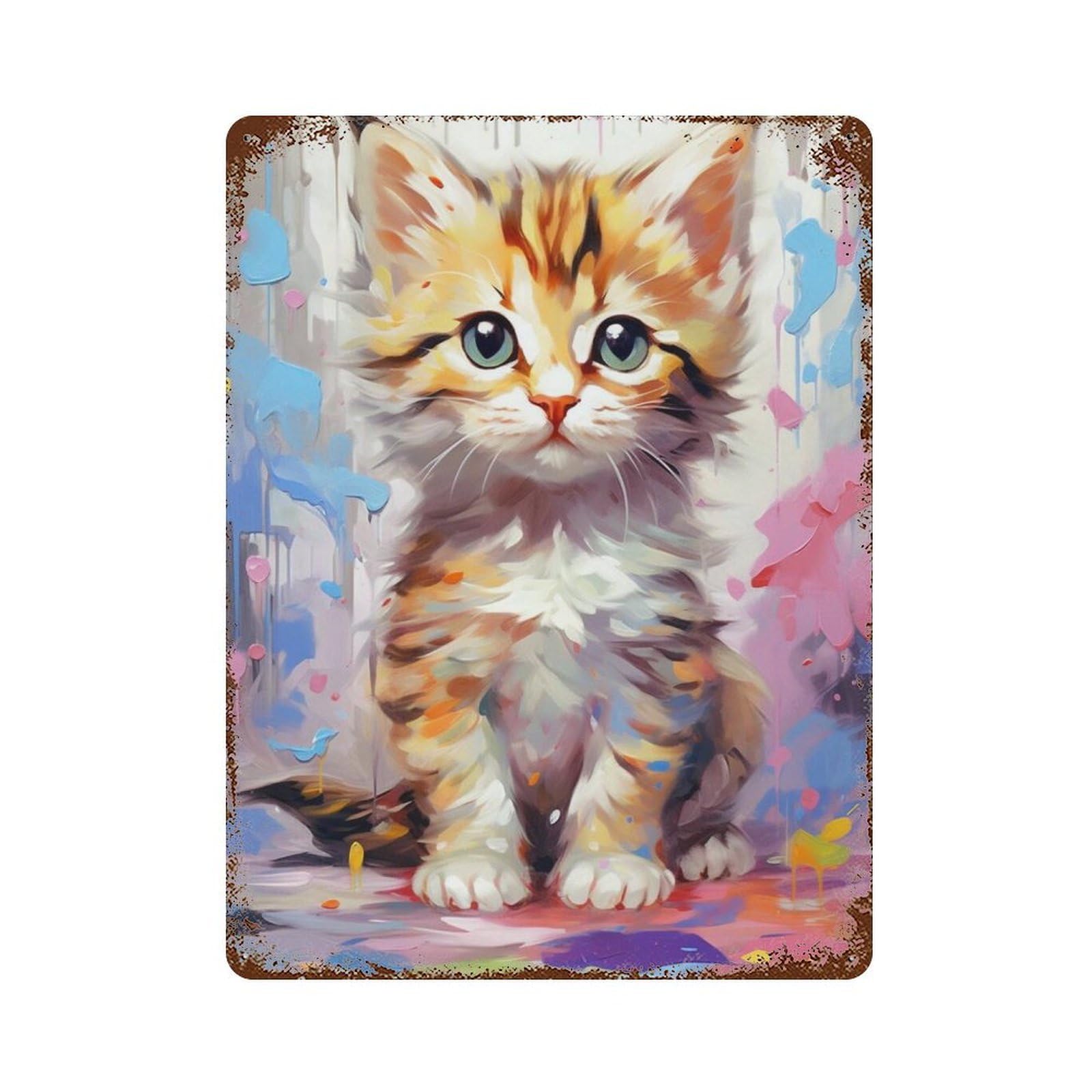 Colorful Kitten Painting Rustic Tin Plaque 15.7"x11.8", Novelty Wall Decor for Garage, Pub Or Kitchen