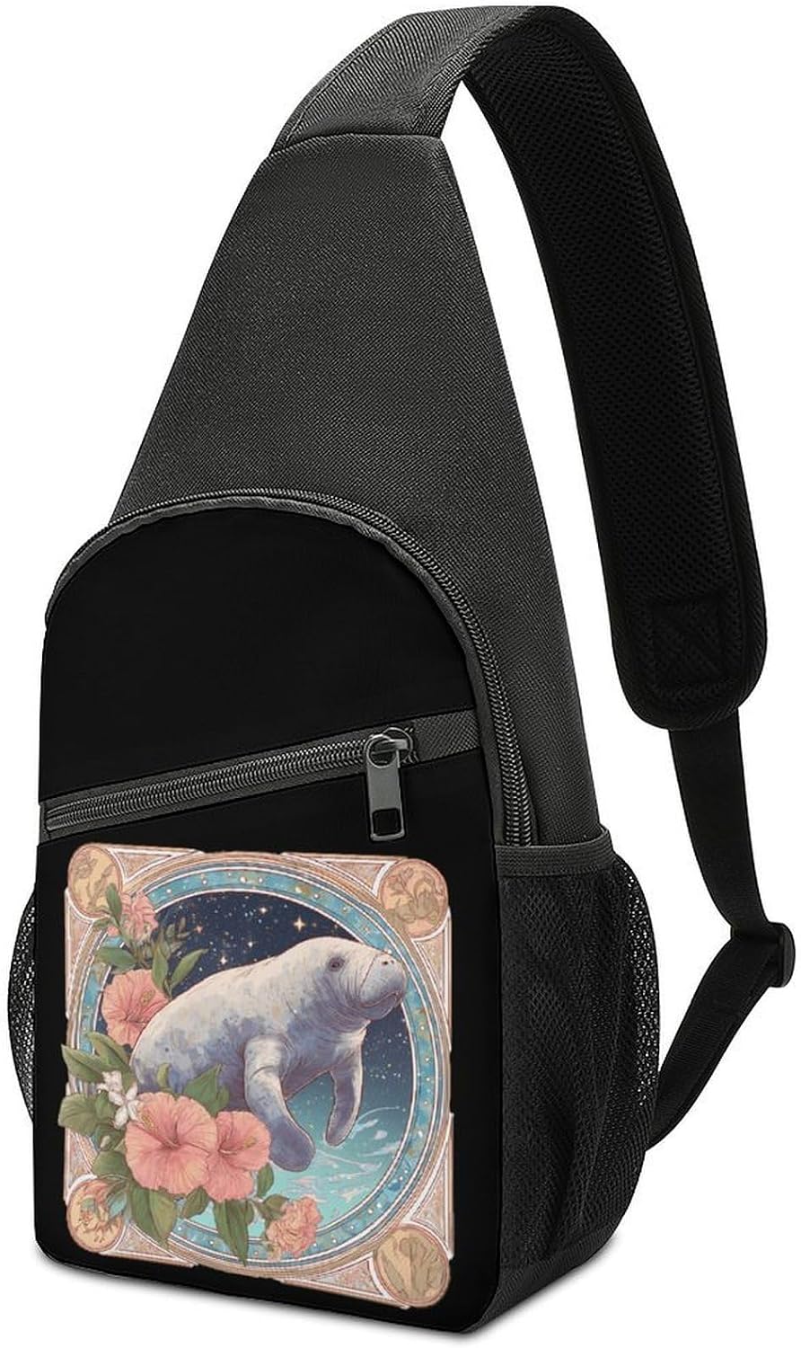 Manatees Hibiscus Flower Crossbody Sling Backpack Chest Bag Daypack | unisex,trendy,with convertible and detachable shoulder strap,side pockets