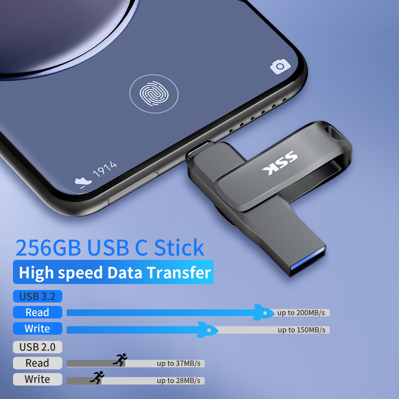 SSK USB Stick 3.2 256GB,szybka pamięć USB do 200MB/s,podwójna pamięć flash USB a i c, wytrzymały czarny metalowy pendrive do telefonów komórkowych,tabletów,MacOS,komputerów,samochodów,telewizorów