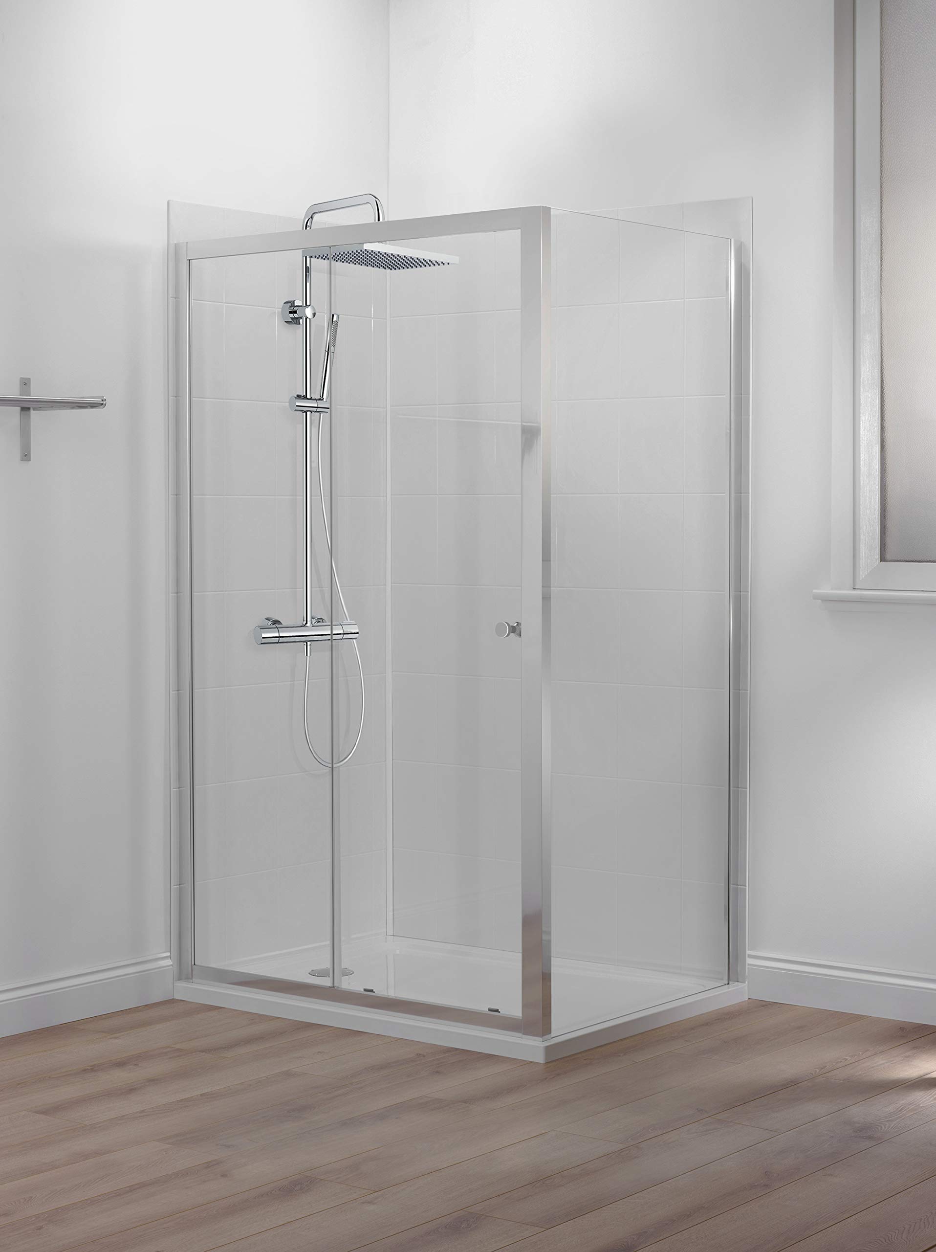 Jacob Delafon E63153-WPM - Pack de ducha IPSO (plato 120 x 90 + puerta corredera y fija + columna), color blanco, cromado y cristal transparente