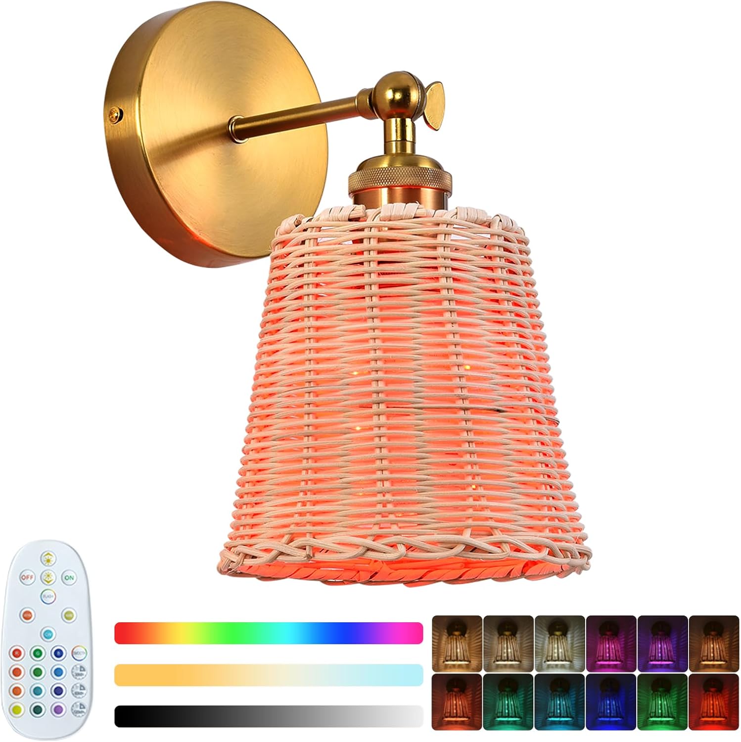 Battery Operated Rattan Wall Sconce, Rechargeable Wireless Wall Light Vintage Cordless Boho Wall Lamp with 7200mAh Dimmable Bulbs and Remote for Bedroom Living Room (ME-TB01)