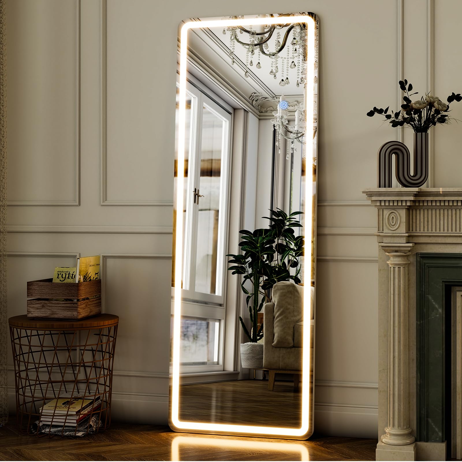 GLSLAND Lustro LED o pełnej długości - 142 cm x 50 cm lustro o pełnej długości ze światłem stojącym ze światłem do sypialni / szatni - ściemniane i 3 kolorowe oświetlenie / naścienne lustro na całe