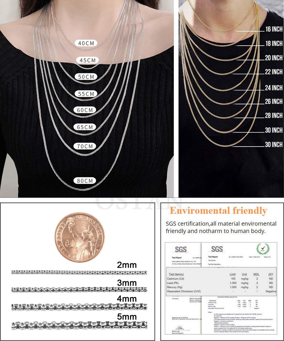 OSTAN Collana da uomo e da donna, in acciaio inox e argento, con catena a maglia veneziana, larghezza 1.5-5 mm, lunghezza 45-80 cm
