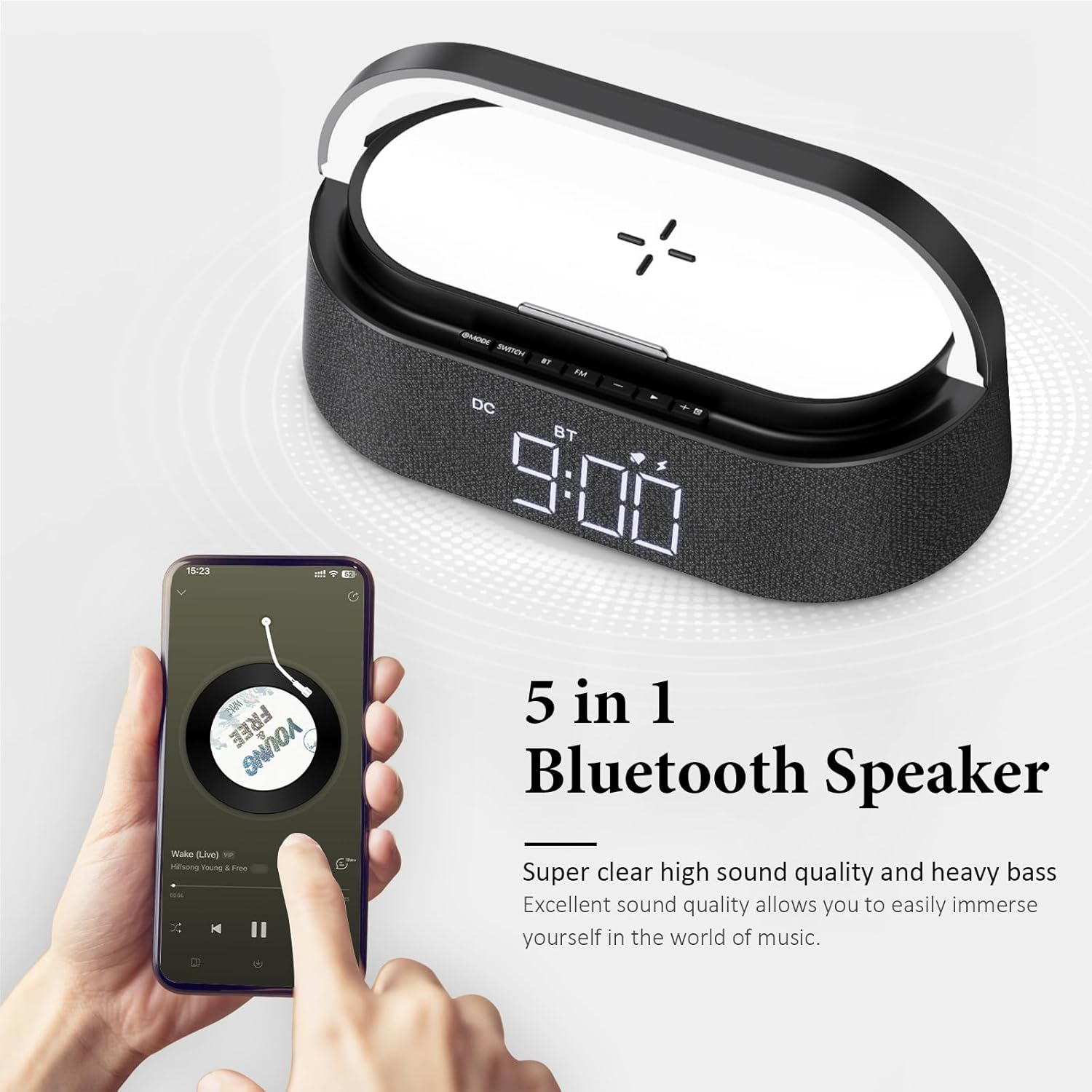 FREEFISH Bluetooth Speaker with Wireless Charger, FM Radio, Adjustable LED Night Light, Dual Wireless Speakers, 15W Wireless Charging, Bluetooth 5.0