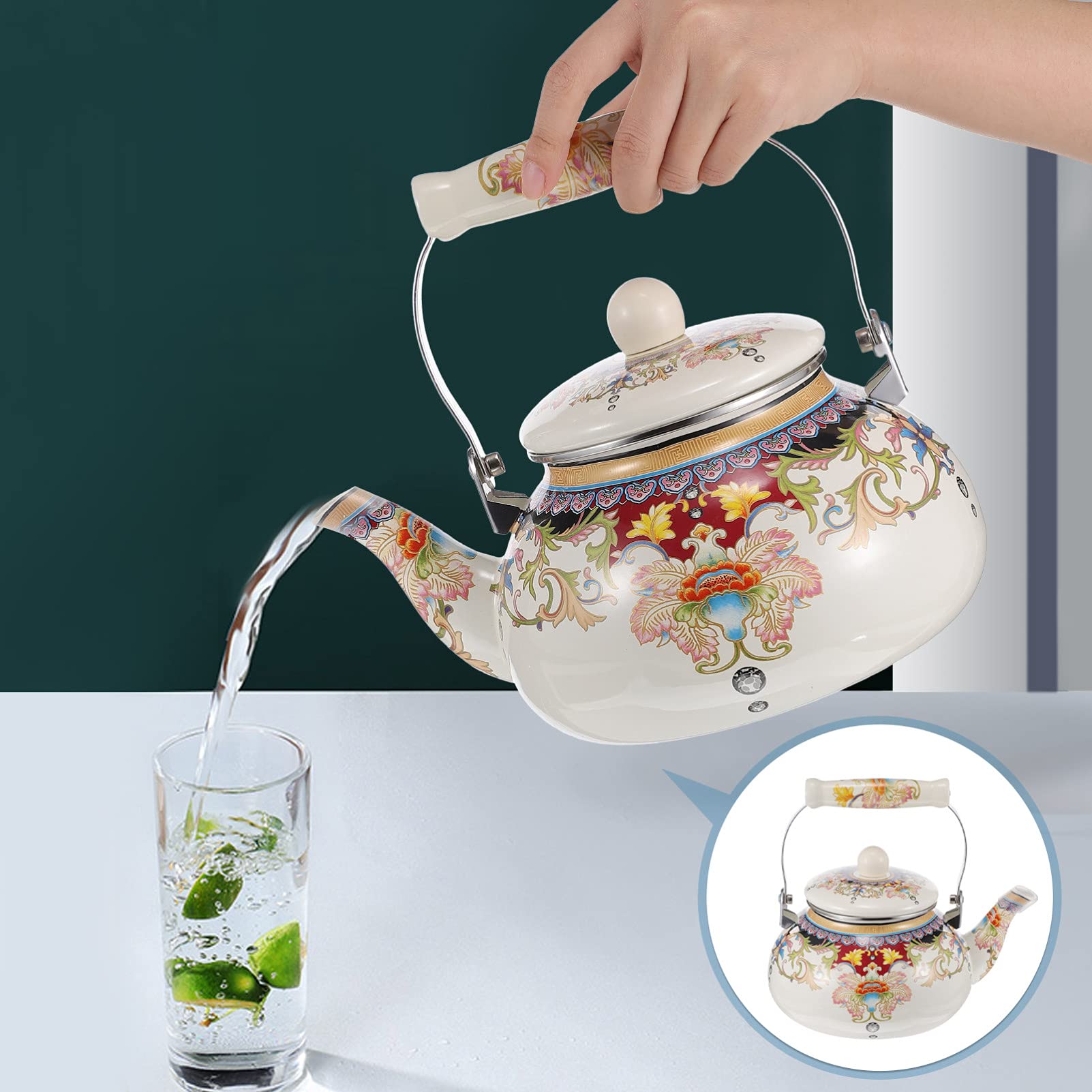YARNOW Wasserkessel Emaillierter Vintage Emaille Wasserkocher Teekessel Kaffeekanne mit Hitzebeständig Griff für Küche Zuhause Café Camping Gasherd 2. 4L