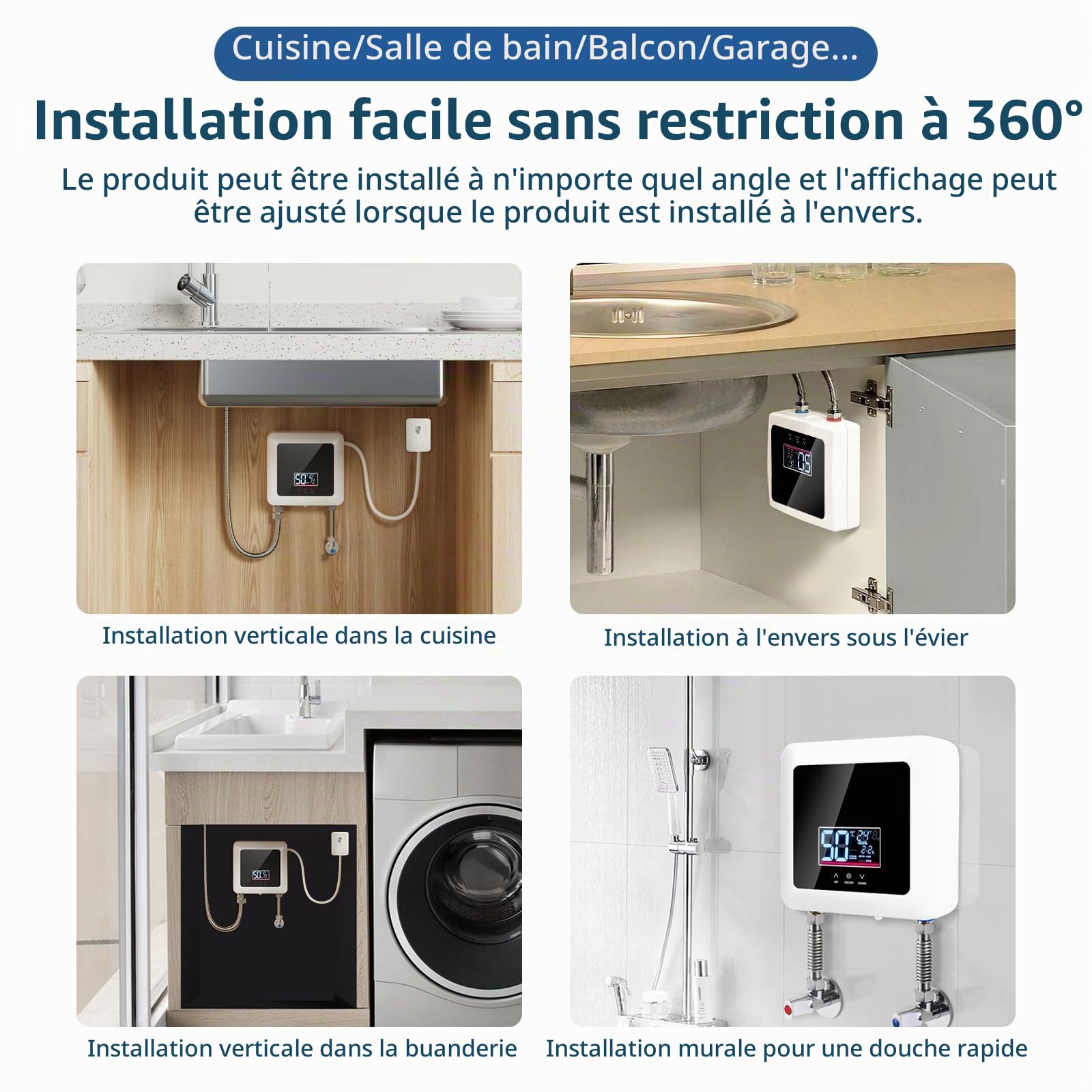 Chauffe-eau électriques 220V 7500W, Chauffe-eau électrique sans réservoir | Petit chauffe-eau instantané électrique économie d'eau Avec écran numérique, Pour cuisine, salle de bain, lavage (White)