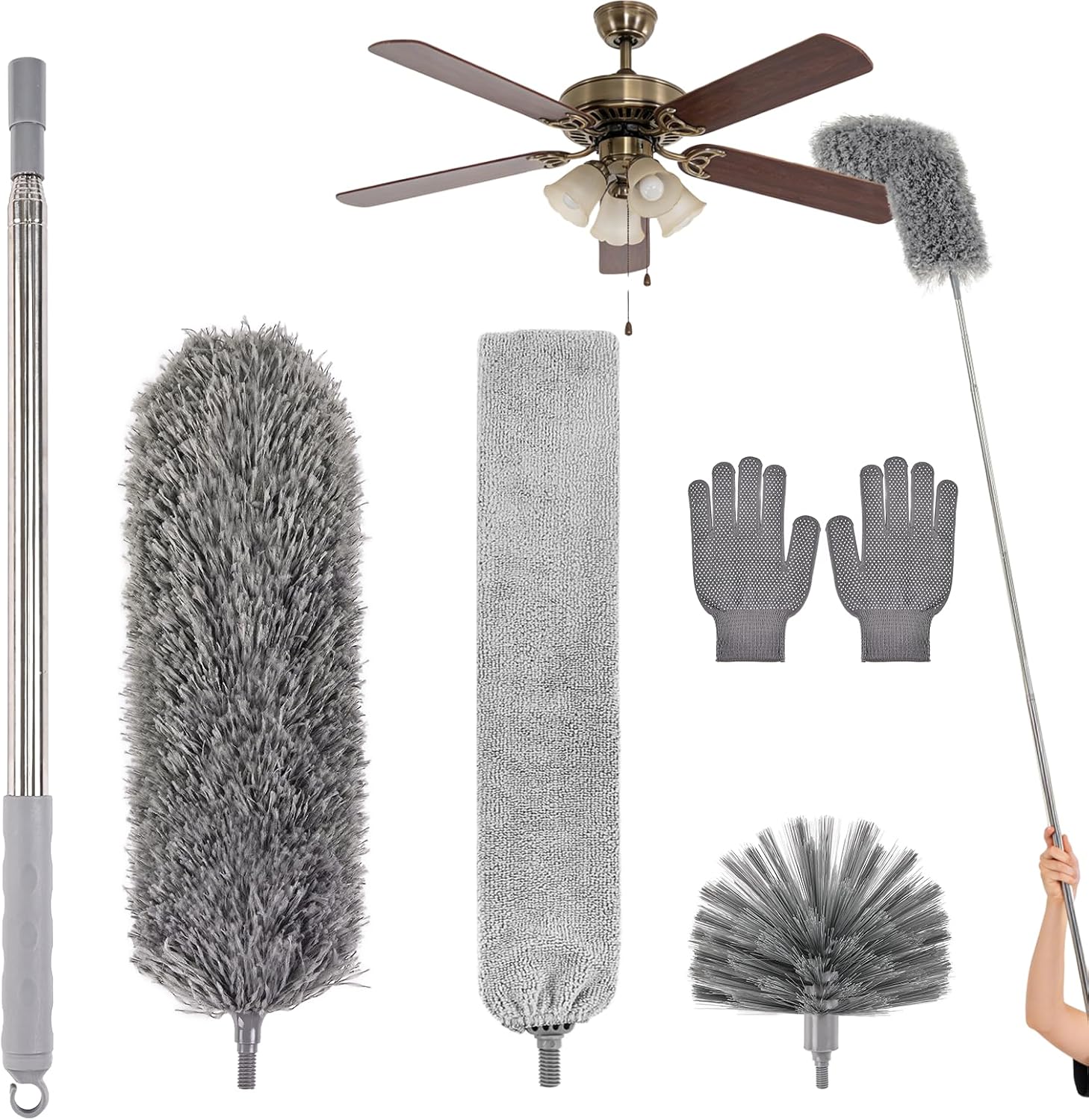 Microfiber Feather Duster 5-in-1 Kit with Extension Pole, Washable Cleaning Duster Set with 3 Duster Heads, Cobweb Duster, Corner Brush, 100'' Extendable Long Duster for High Ceilings, Fans, Furniture