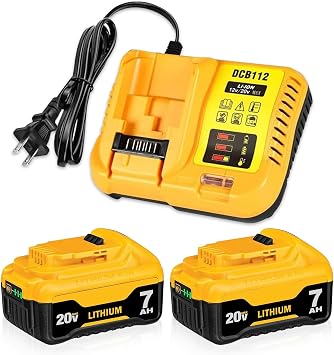 2 Pack DCB200 7000mAh 20V Li-Ion Battery Replacement for Dewalt 20V Max Battery DCB200 DCB206 DCB204 DC118 DCB112 Battery and Charger Combo Set