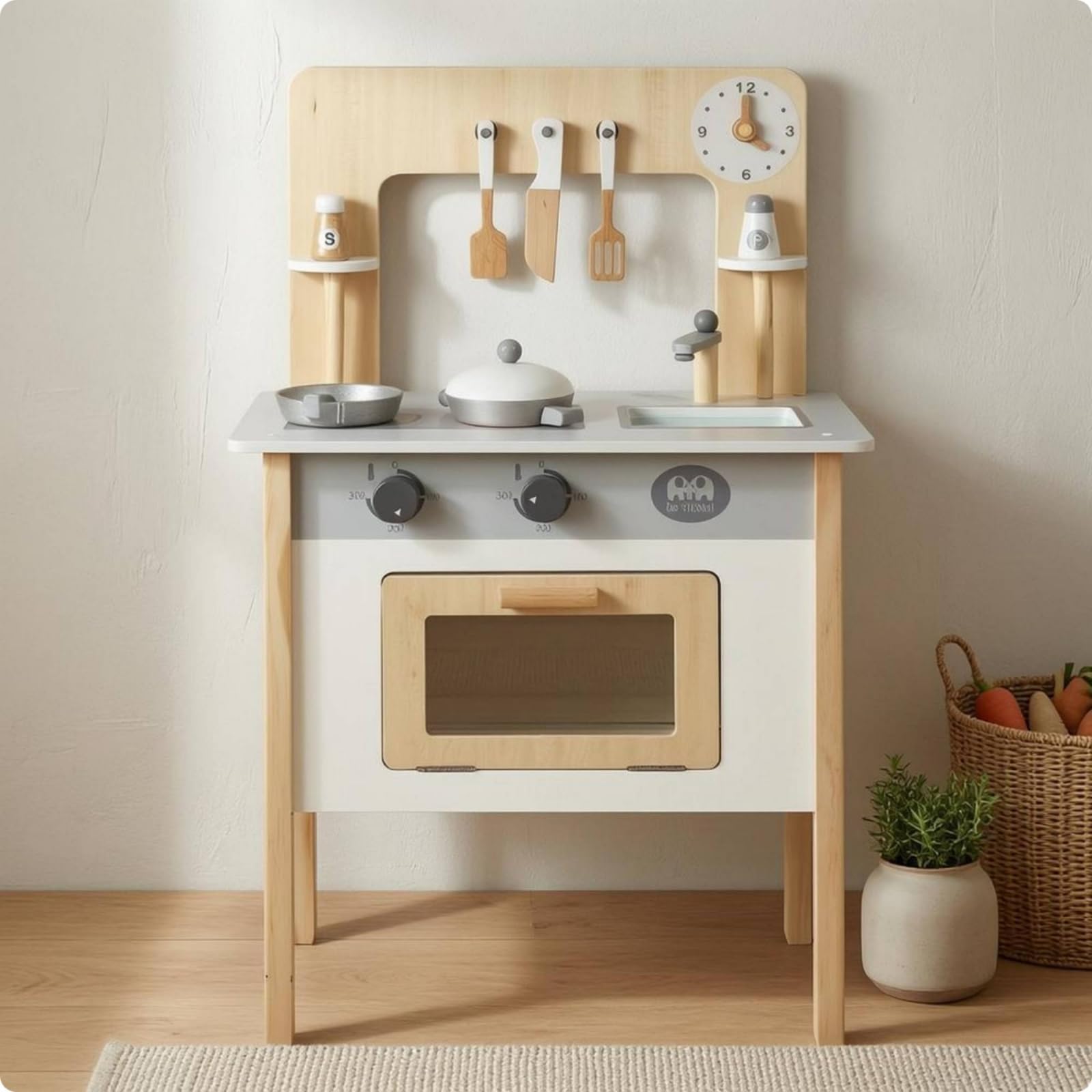 Spielküche Kinderküche Küchenmöbel Spielset Holz Herdplatte Spülbereich Ofentür Bedienknöpfe Regal Rückwand Kochgeschirr Und Besteck für Vorschule Familienbereich , Weiß