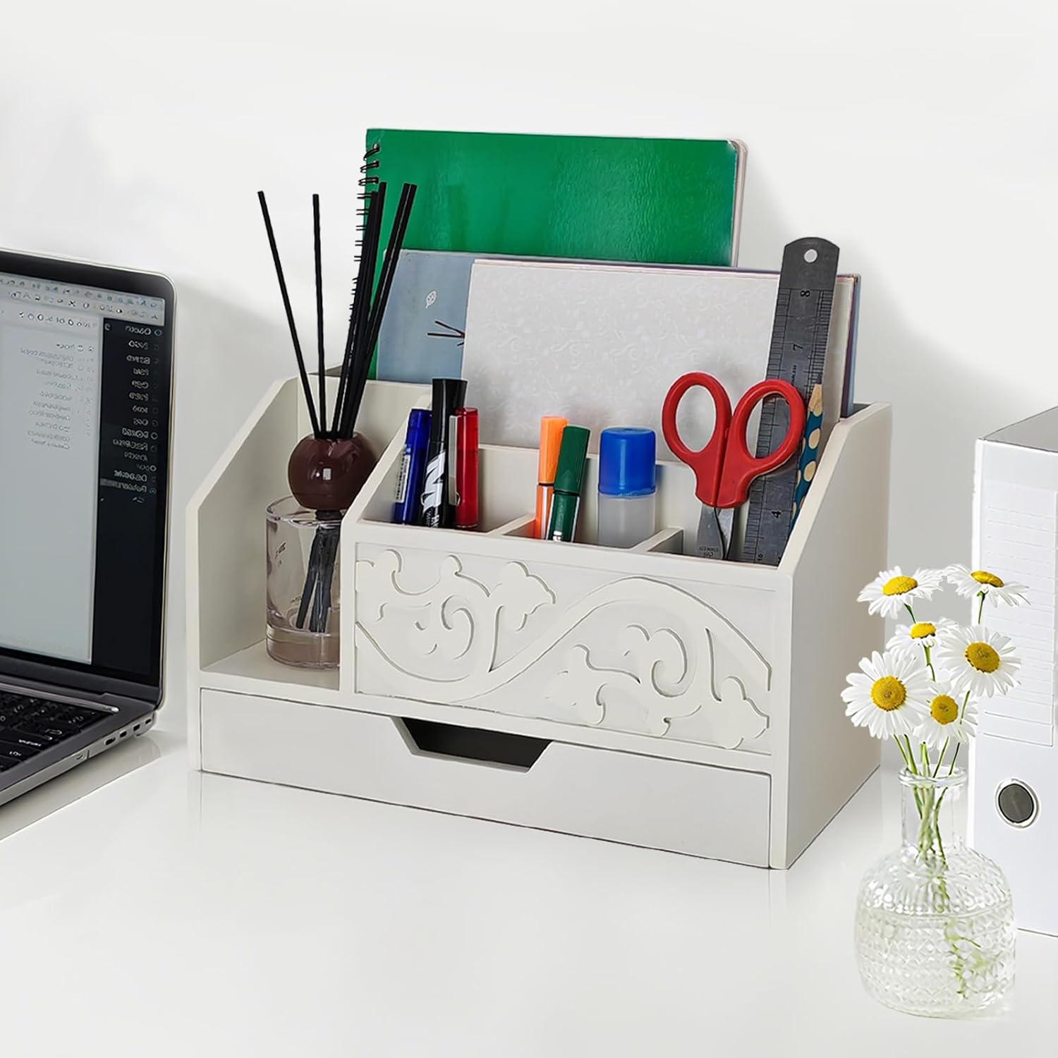 White Wooden Mail Organizer with Drawer, Three Tiered Desk Accessories for Office Organization and Storage, Stylish Countertop Document Storage, Home/Office/Classroom Supplies (White01)
