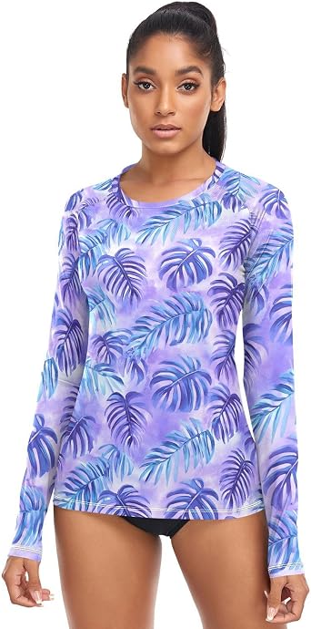 Purple Palm Tree Pattern Rash Guard for Women Long Sleeve Swimsuits UPF 50+ Surf Swimsuits Top.XS