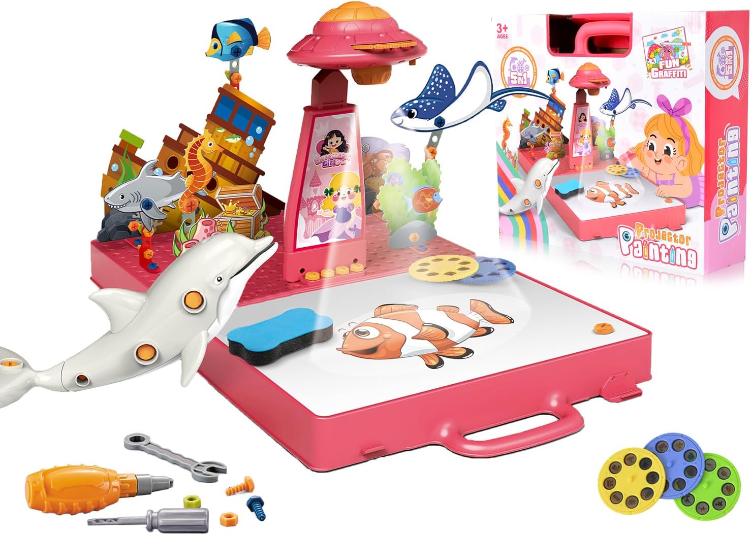 Drawing Projector for Kids - Kids Art Projector With Design And Drill Toys,Projector for Tracing,Art Sketcher Include 48 Projection Image, Construction Toys, Gift Set for 3+ Year Old Girls & Boys