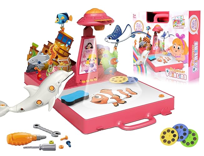 Drawing Projector for Kids - Kids Art Projector With Design And Drill Toys,Projector for Tracing,Art Sketcher Include 48 Projection Image, Construction Toys, Gift Set for 3+ Year Old Girls & Boys