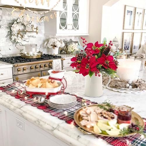 Vista 7 de Poinsettia Flowers Artificial Christmas Bouquet, Silk Fake Christmas Flowers with Cones Berries for Xmas Table Centerpieces Vase Fillers Winter