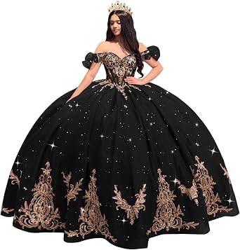 Gold Appliques Quinceanera Dresses Beaded Tassel Ball Gown | Off Shoulder Crystal Quince Dress, Puffy Crystal Vestidos de 15 anos, Glitter Tulle XV Dress, Perfect for Quinceanera