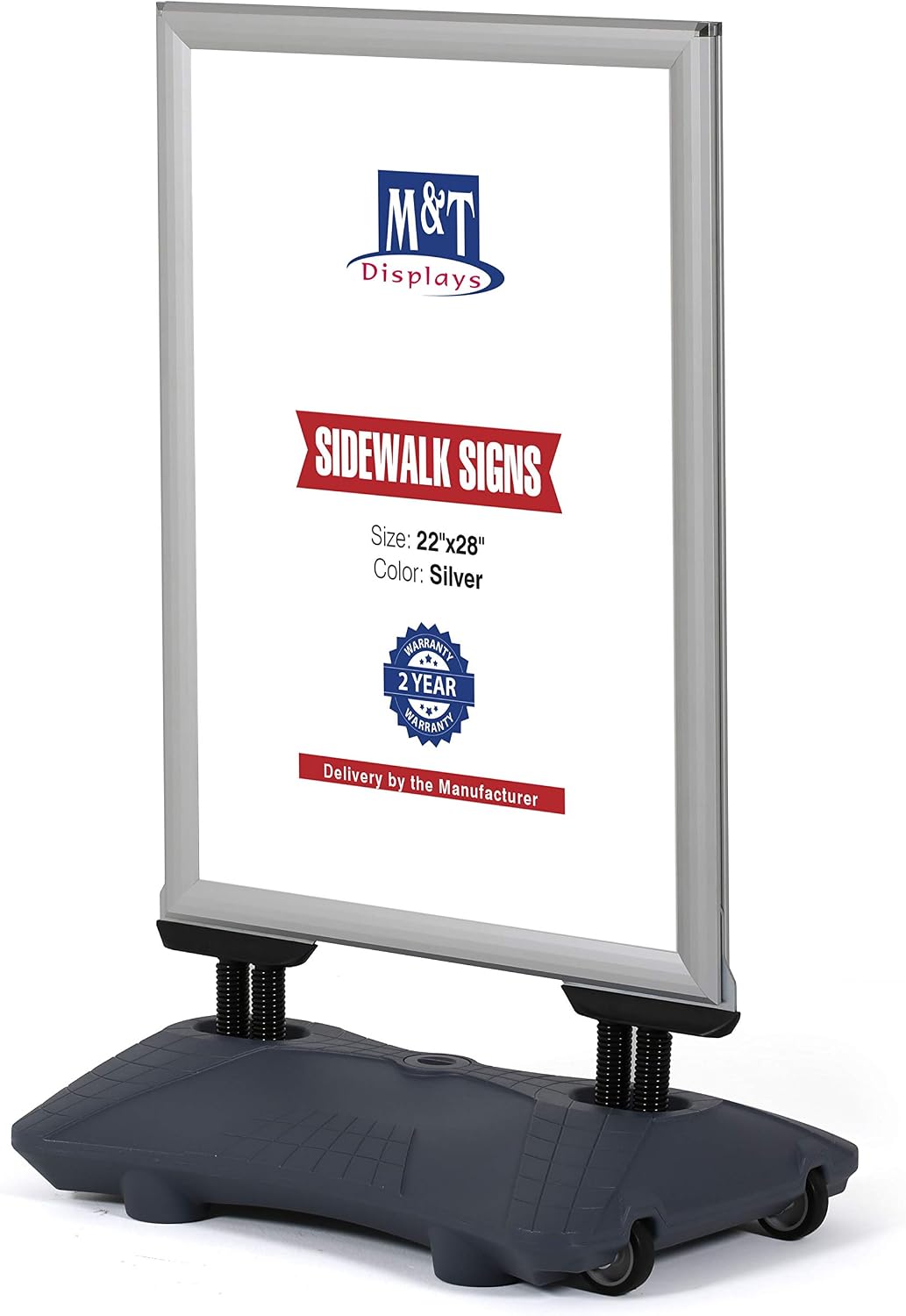 M&T Displays WindPro Weather and Wind Resistant Outdoor Pavement Curb Sidewalk Sign Holder for 22x28 Inch Posters Silver Aluminum Easy Front Loading Snap Frame Durable HDPE Gray NewTech Water Base