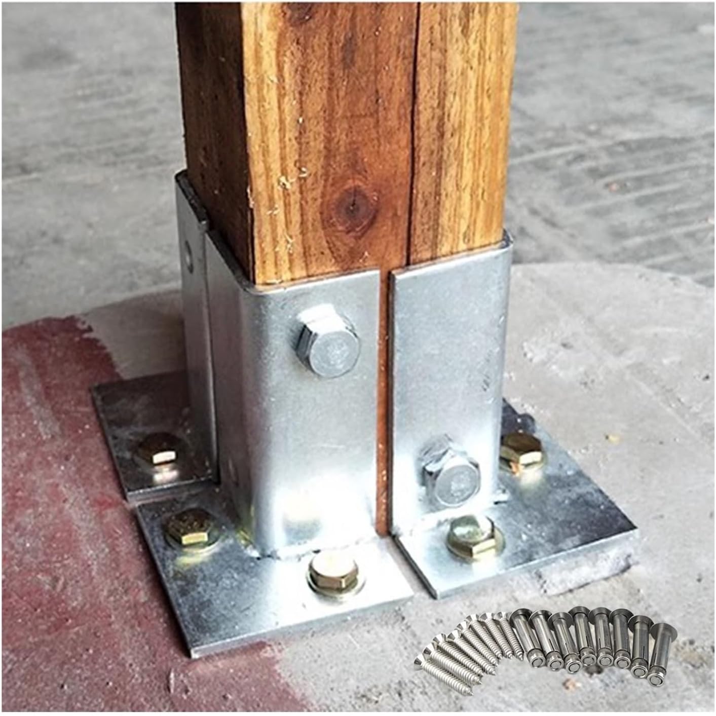 Iron Deck Balusters Ground Anchor Base Kit, Heavy Duty Wood Post Base Adjustable, Outdoor Pavilion Deck Fence Railing Support with Screws(4 Pack)