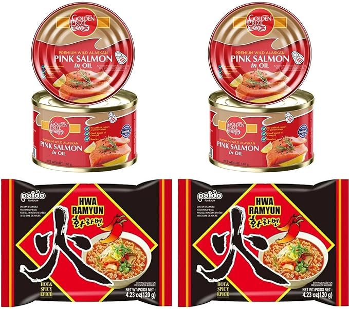 Golden Prize Pink Salmon in Oil, 140 Gms (2 Units) and Paldo Hwa Ramyun Noodles 120 Gms (2 Units), Combo Pack, Pack of 4