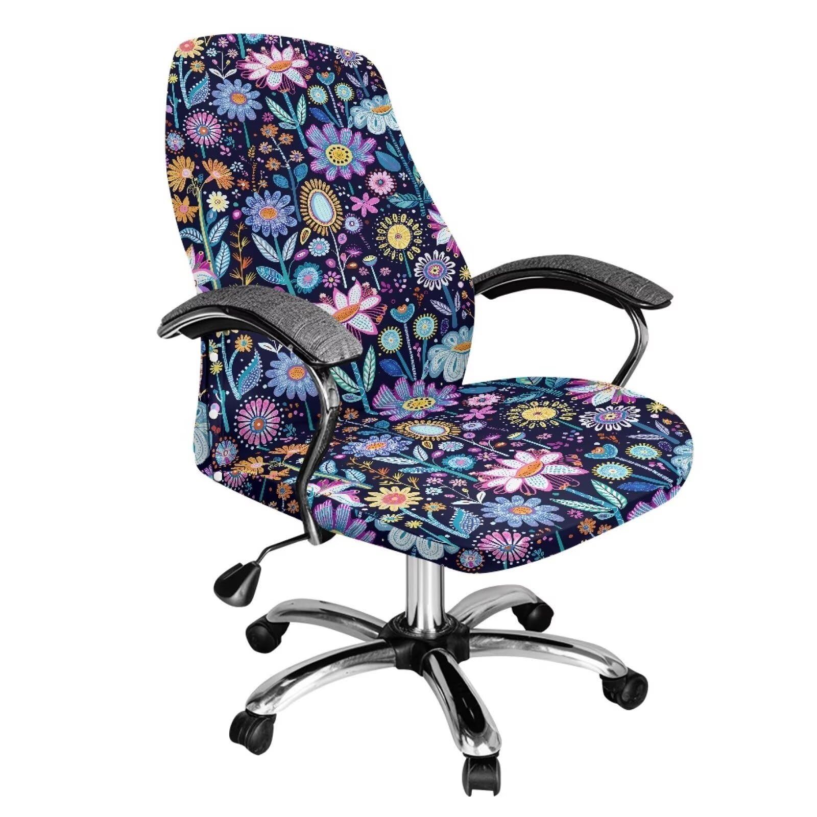 Xoenoiee Abstract Boho Flowers Print Office Chair Covers, Stretch Computer Boss Chair Cover with Button High Back Chair Slipcover Anti-Dust Rotating