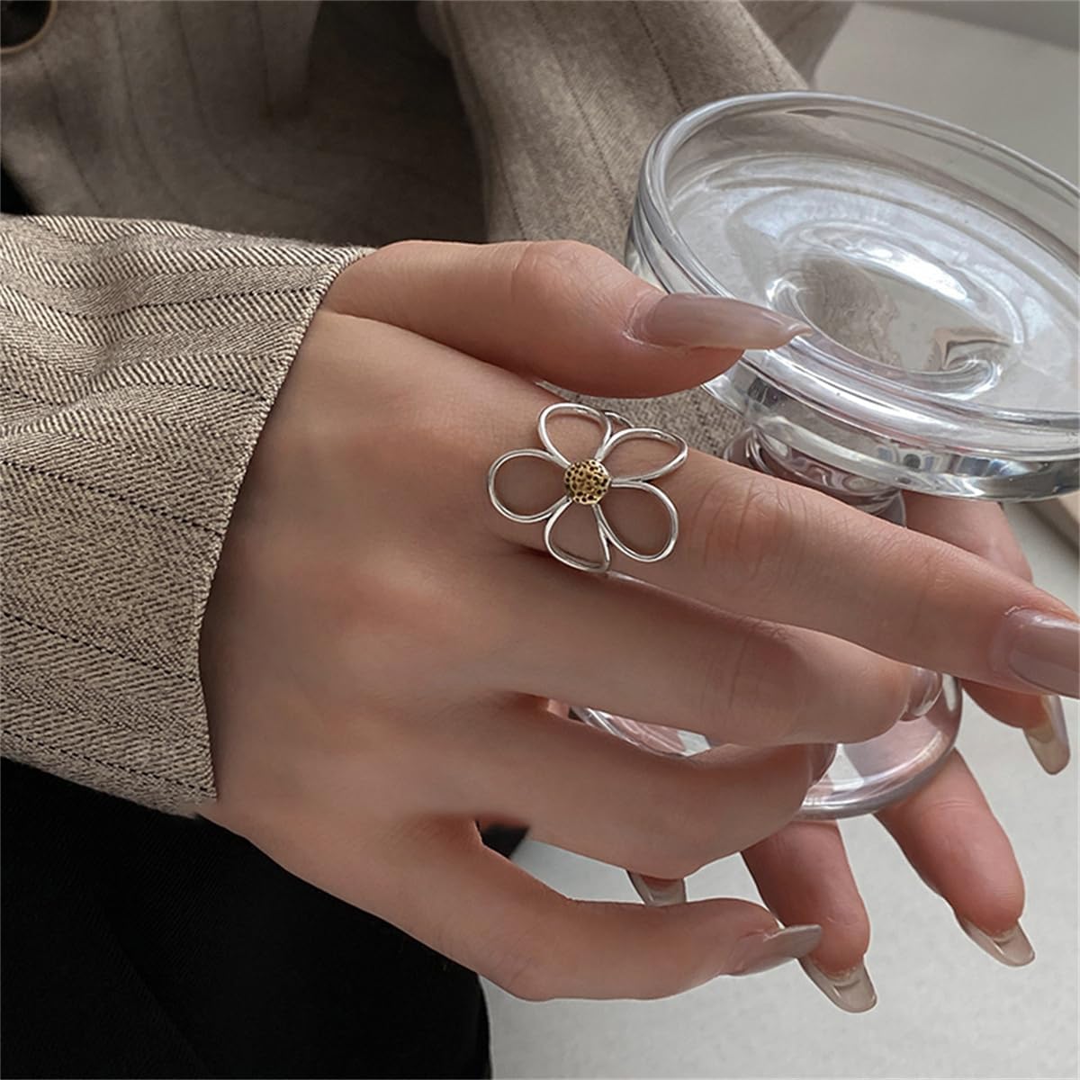Hebelee Minimalist Flower Open Band Ring for Women Siver-Toned Hollow Plum Blossom Wrap Finger Rings Adjustable Comfort Fit Vintage Floral Engagement Wedding Jewelry - Image 2