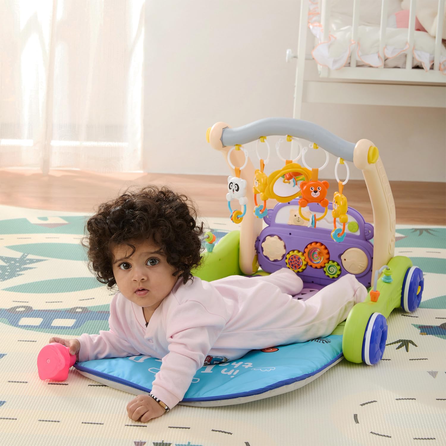 Amazon Brand - Supples 2 in 1 Musical Baby Play Gym with Convertible Walker | Push Walker with Play Piano, Lights, Rattles & Tummy Time Mat for Babies & Toddlers | in The Wild