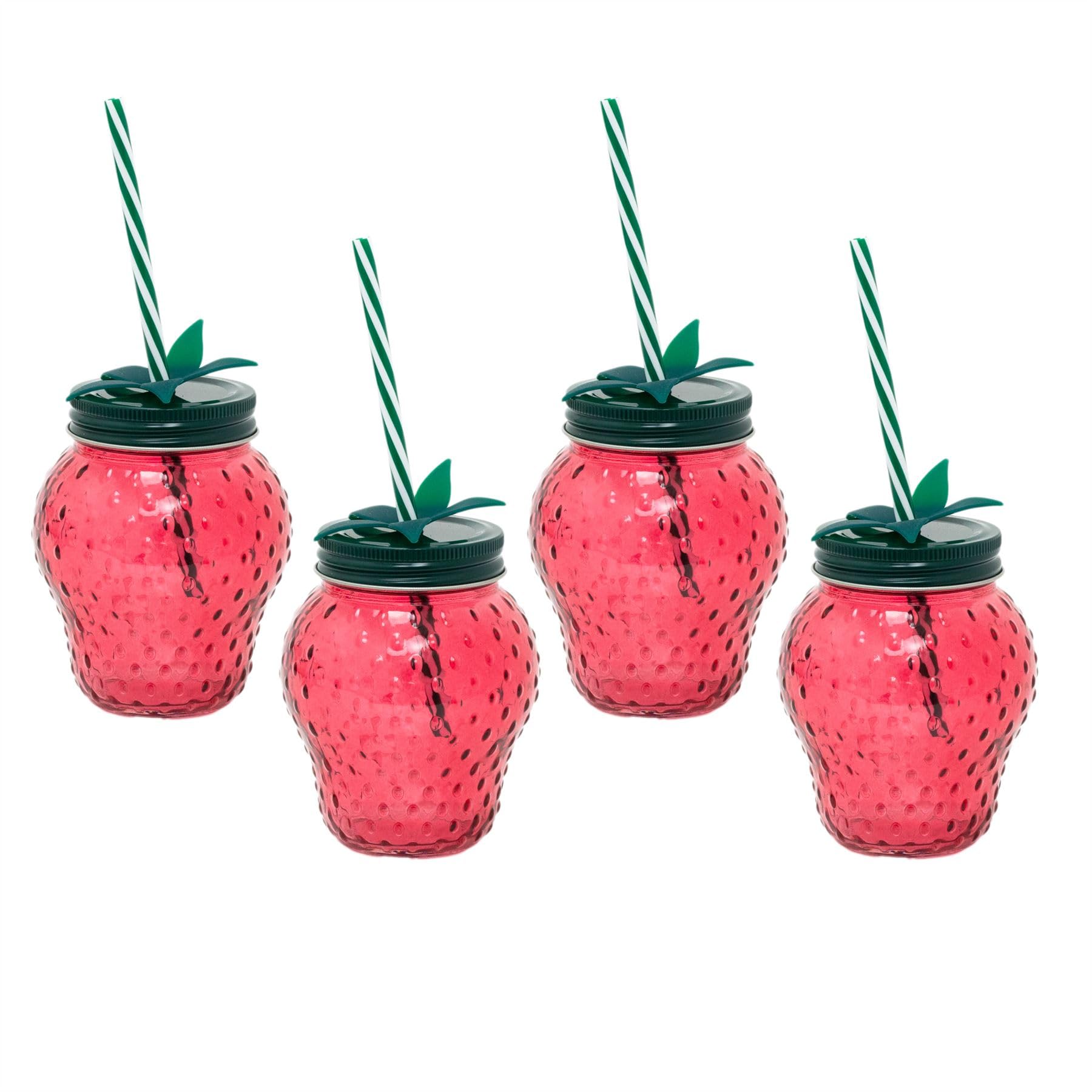 Carousel Home Pack of 4 Strawberry Glass Drinking Jars with Lid & Straw | Fun Summer Red Strawberry Mason Jars | Novelty Glasses for Picnics, Parties & Outdoor Cocktails - 450ml