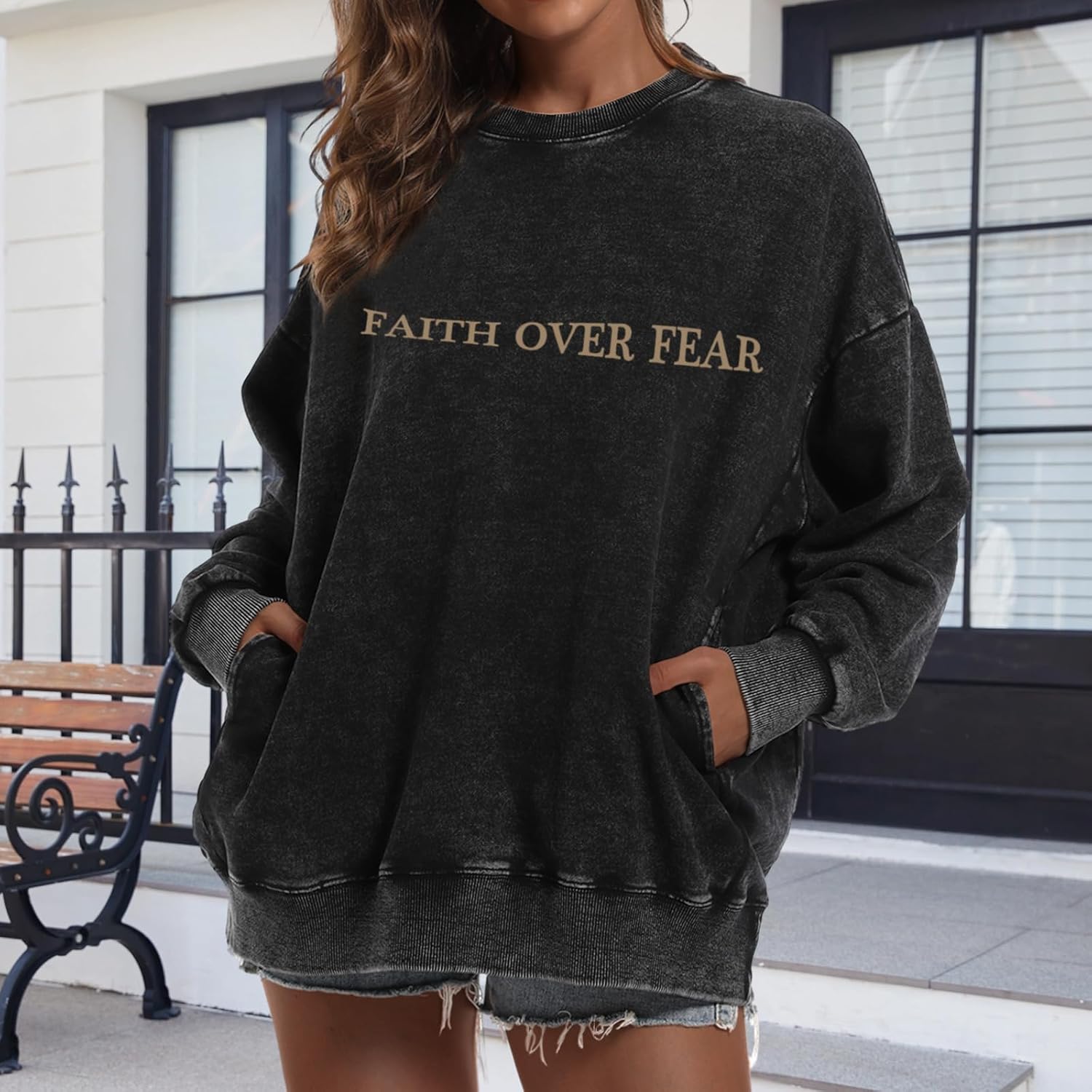 Christian Faith Over Fear Sweatshirts for Women Oversized Jesus Bible Verse Religious Hoodie Acid Wash Pullover Tops - Image 3