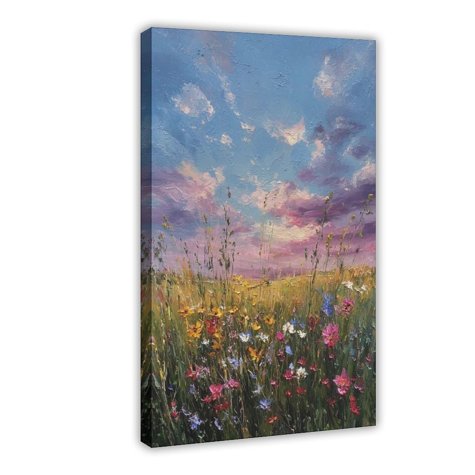 Bareronor Frame Sunset Wildflower Field Canvas Poster Bedroom Decor Landscape Office Room Decor Gift 20" L X 30" W