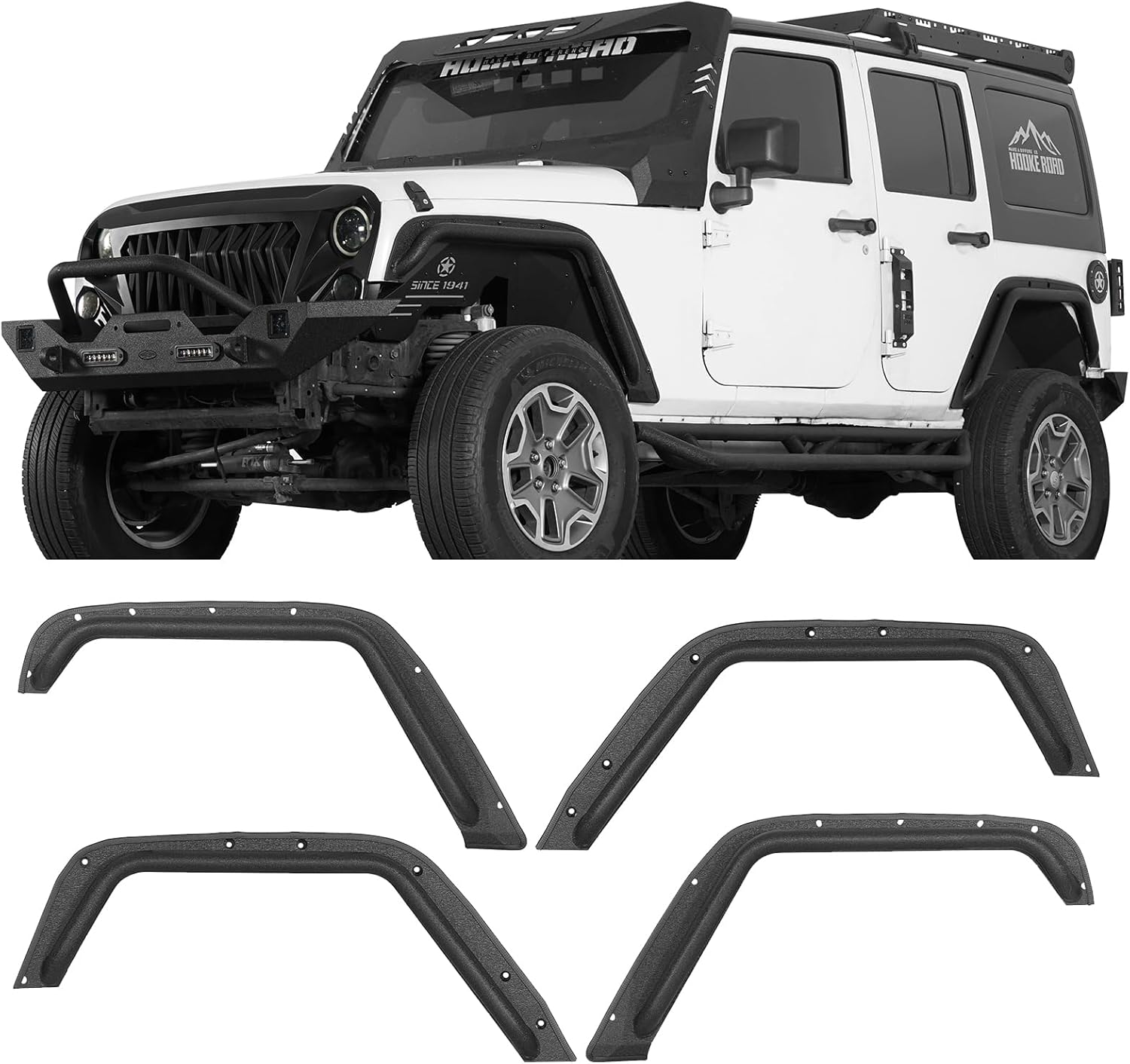 Hooke Road JK Slim Fender Flares for 2007-2018 Jeep Wrangler JK JKU 2/4 Doors, High Clearance Front and Rear Wheel Liner Trim - 4 PCS Set