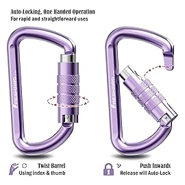 FresKaro 3inch Auto Locking Carabiner Clips, Solid D Shape Style, Heavy Duty Keychain Aluminum Carabiner - Holds a Maximum of 2698lbs, Lightweight 1.09oz, for Hammock, Hiking, Dog Leash, 3pack, Purple