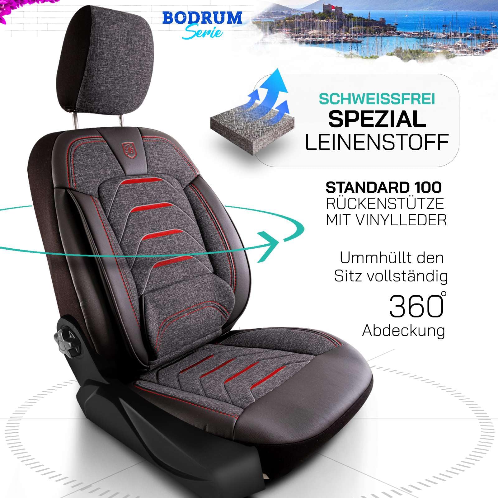 Autositzbezüge Universal für PKW & SUV - Premium Vordersitze Auto Sitzbezug aus Leinen, Rauchgrau-Rot, Airbag-Kompatibel Sitzauflage, Autoschonbezug, Vordersitz-Set inkl. Montageset