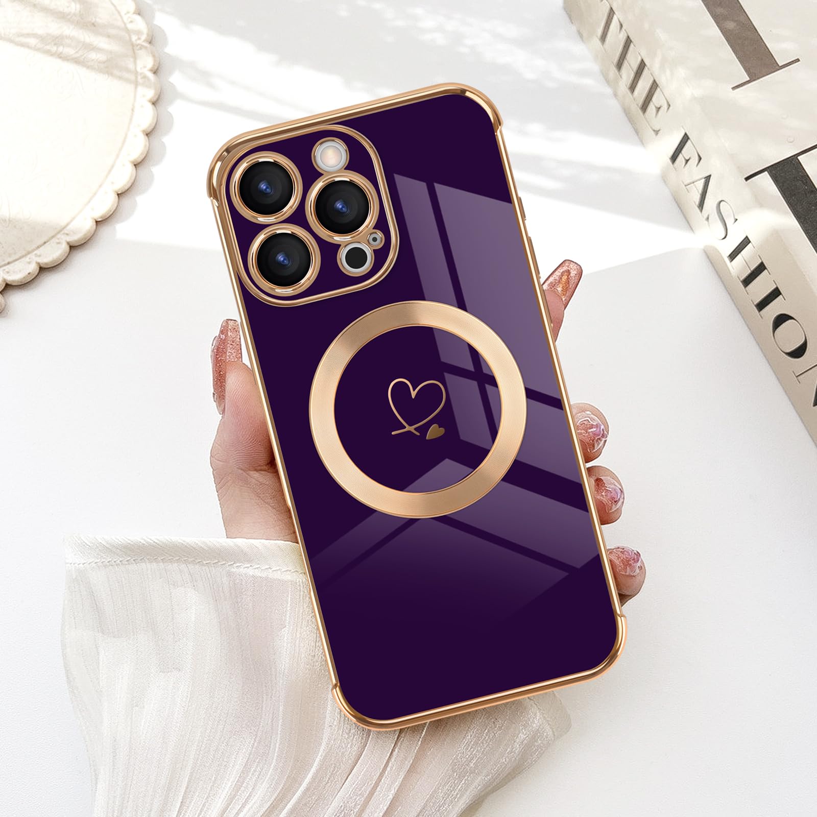 Newseego Custodia Magnetica per iPhone 16 Pro Max [Compatibile con Magsafe], Carino Cuore Ragazze Donne Morbido TPU Antiurto Fotocamera Copertura di Protezione per iPhone 16 Pro Max-Viola Scuro - Vista 7