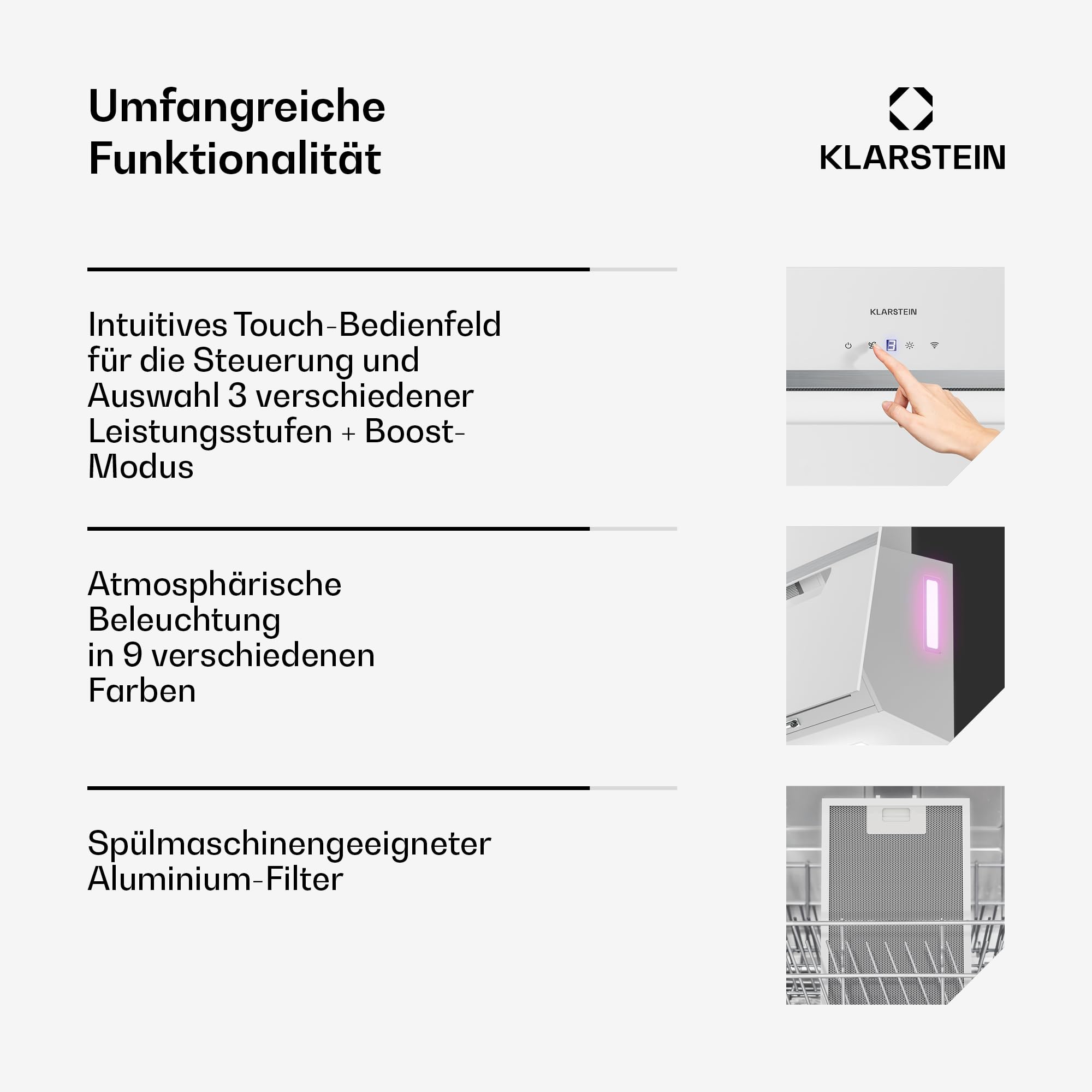 Klarstein BigBite Kopffreihaube 90 cm – Abzugshaube mit Touch-Bedienung, 417 m³/h Boost, LED-Beleuchtung, A+++ Energieeffizienz, Umluft & Abluft, Glasdesign, leise, dunstabzugshaube, Weiß