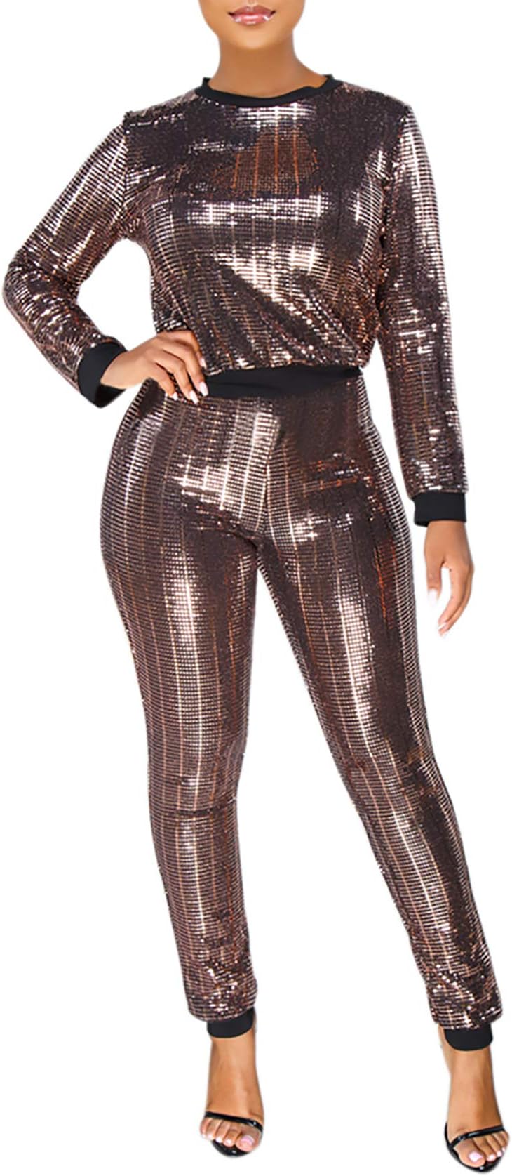 Lucuna Women's 2 Piece Outfits Glitter Sequin Metallic Shiny Pullover Tops & Pants Set Sparkly Party Clubwear