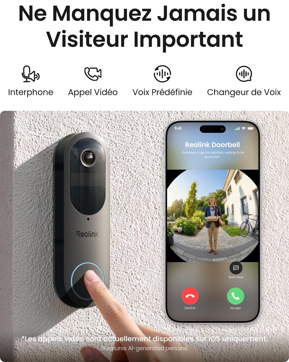 Reolink Sonnette Vidéo à Batterie (2e Gén) Caméra 2K Extérieure | Stockage Local Sans Frais, Vue Intégrale 150x150°, Wi-Fi 2,4/5 GHz, Détection Intelligente, Interphone, Enregistrement 24H/24