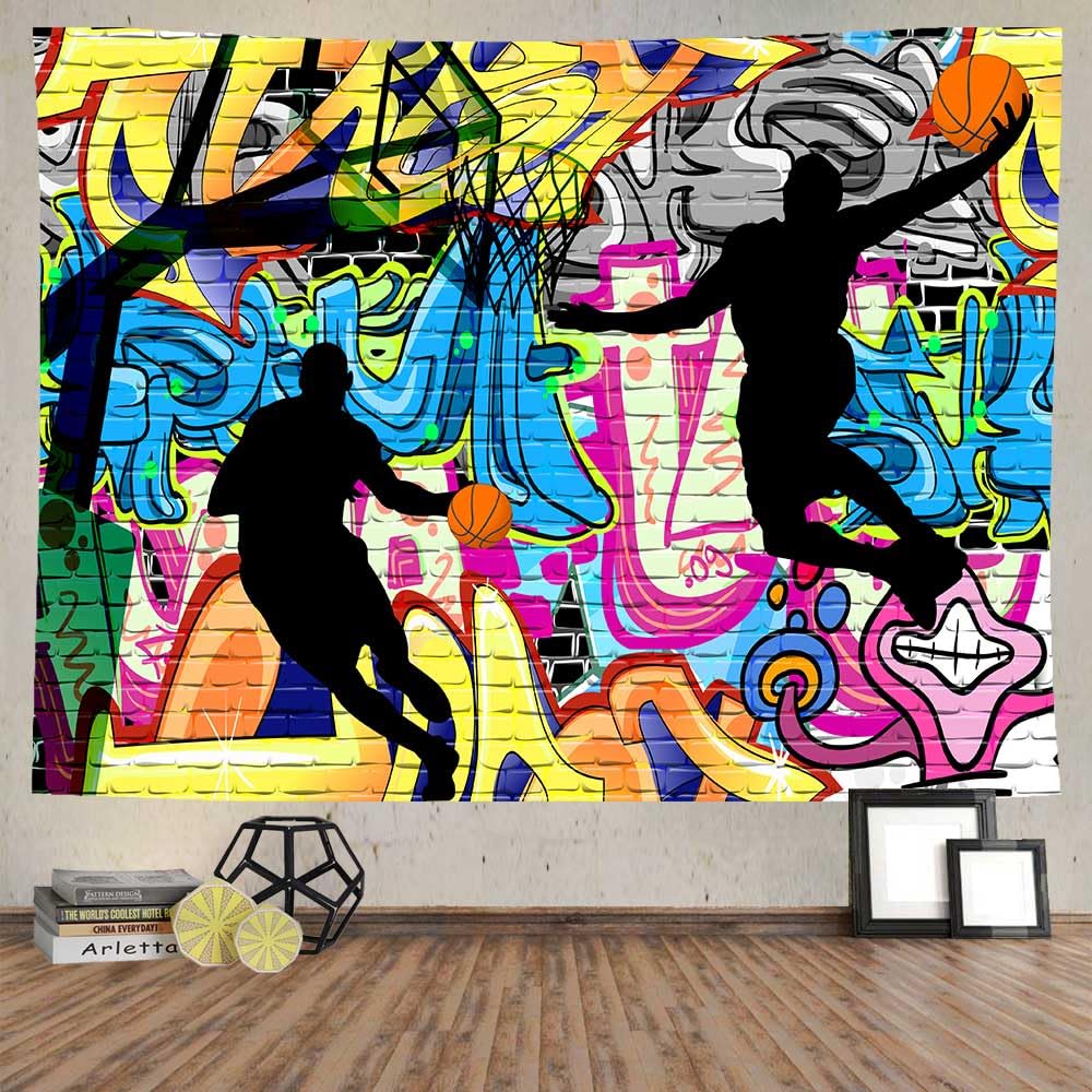 Ine Ive Basketball Sports Tapestry Nostalgic Graffiti Street Art Wall Backdrop 80x60 Inches Boys Basketball Shooting Silhouette Art Tapesrties for